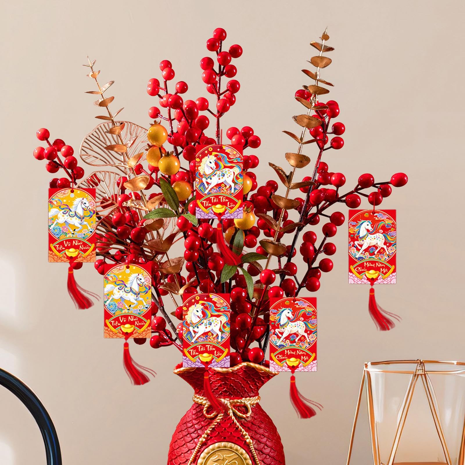Chinese New Year Decorations,6-Piece 2026 Vietnamese Good Luck | Lunar Horse Year Paper Charm Decorations | for Holiday Home Doorway Tree Wall Door Potted Plants Party Office