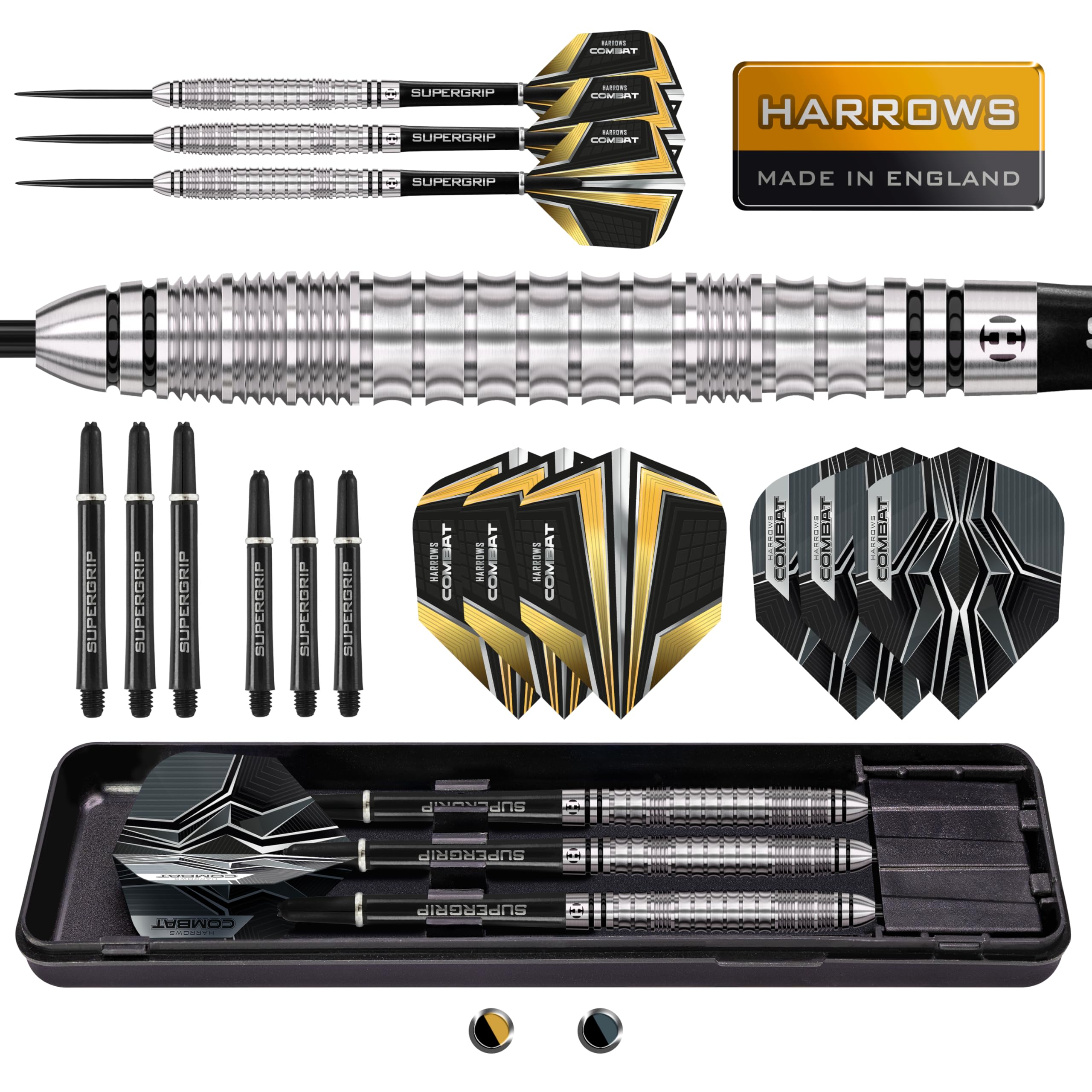 Harrows Combat 90% Tungsten Steel Tip Darts Set I 21g to 30g All Weights Available I Huge 17pcs Bundle with Spare Shafts, Prime Flights & Travel Dart Case