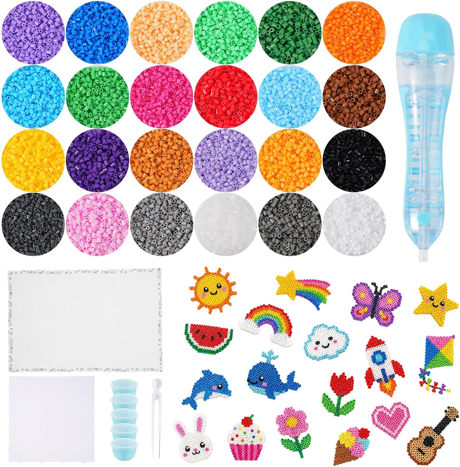 24004Pcs Fuse Beads Iron Kit, Includes 24 Colors 5mm Complete Iron Beads,Perler Bead Pen, Ironing Paper, Square Pegboard for DIY Art & Craft Gift for Home & Holidays Christmas Birthday