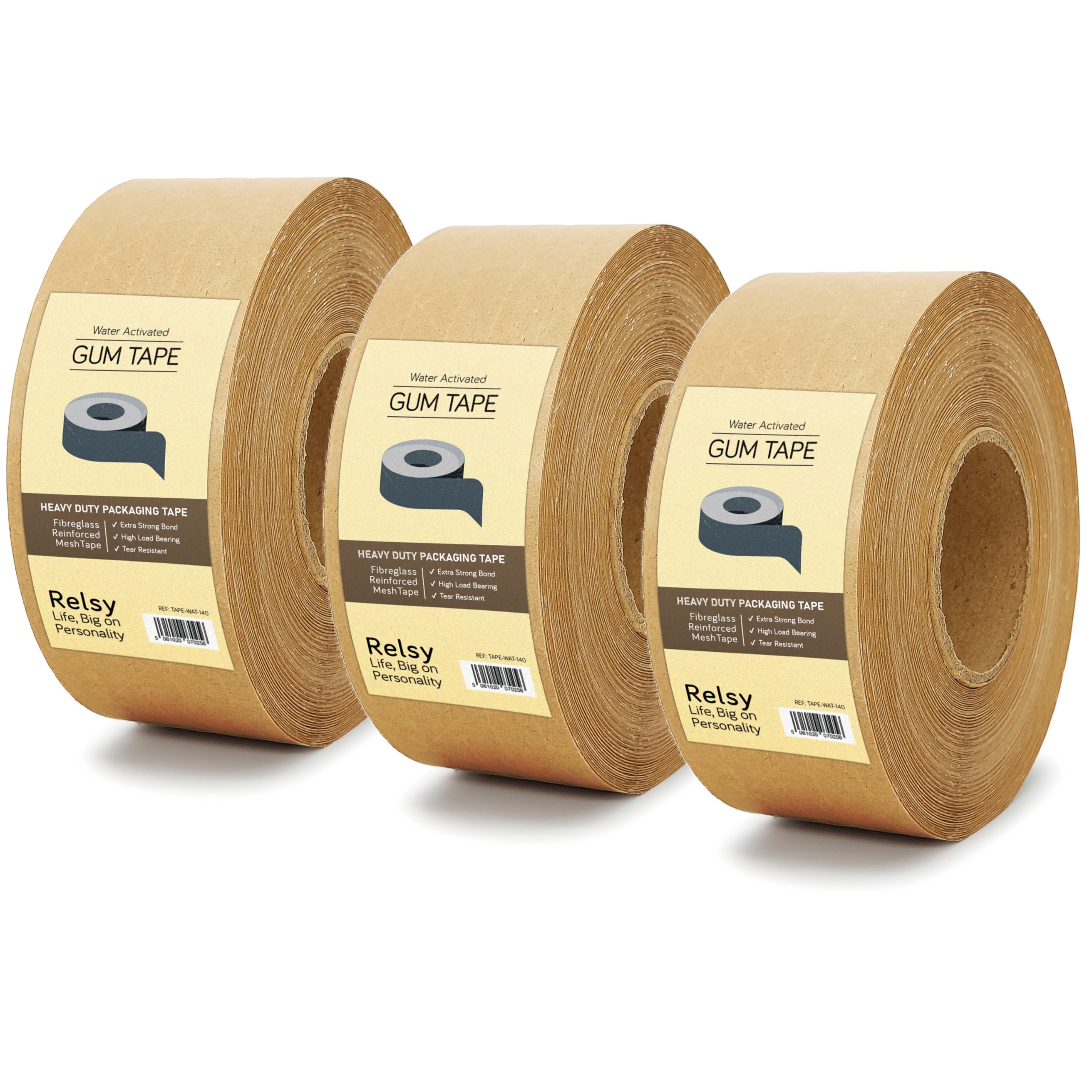 Relsy Strong, 3-Pack Heavy Duty 66 Meters Water Activated Packaging Tape Fibreglass Reinforced, Eco Friendly Recyclable Gum Tape, High Capacity Parcel Tape, 50mm*66m, Printable (3)