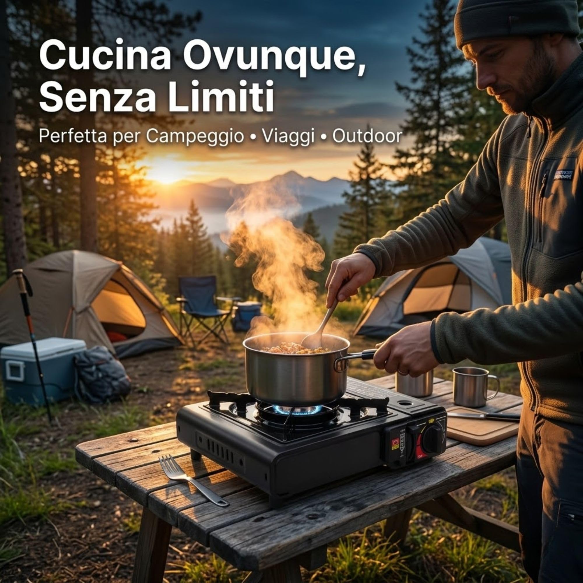 Fornello a Gas da Campeggio Portatile, Compatibile con Cartuccia Butano e Bombola GPL, Accensione Piezoelettrica, 2200W, Valigetta Inclusa, per Camper, Trekking, Picnic e Pesca