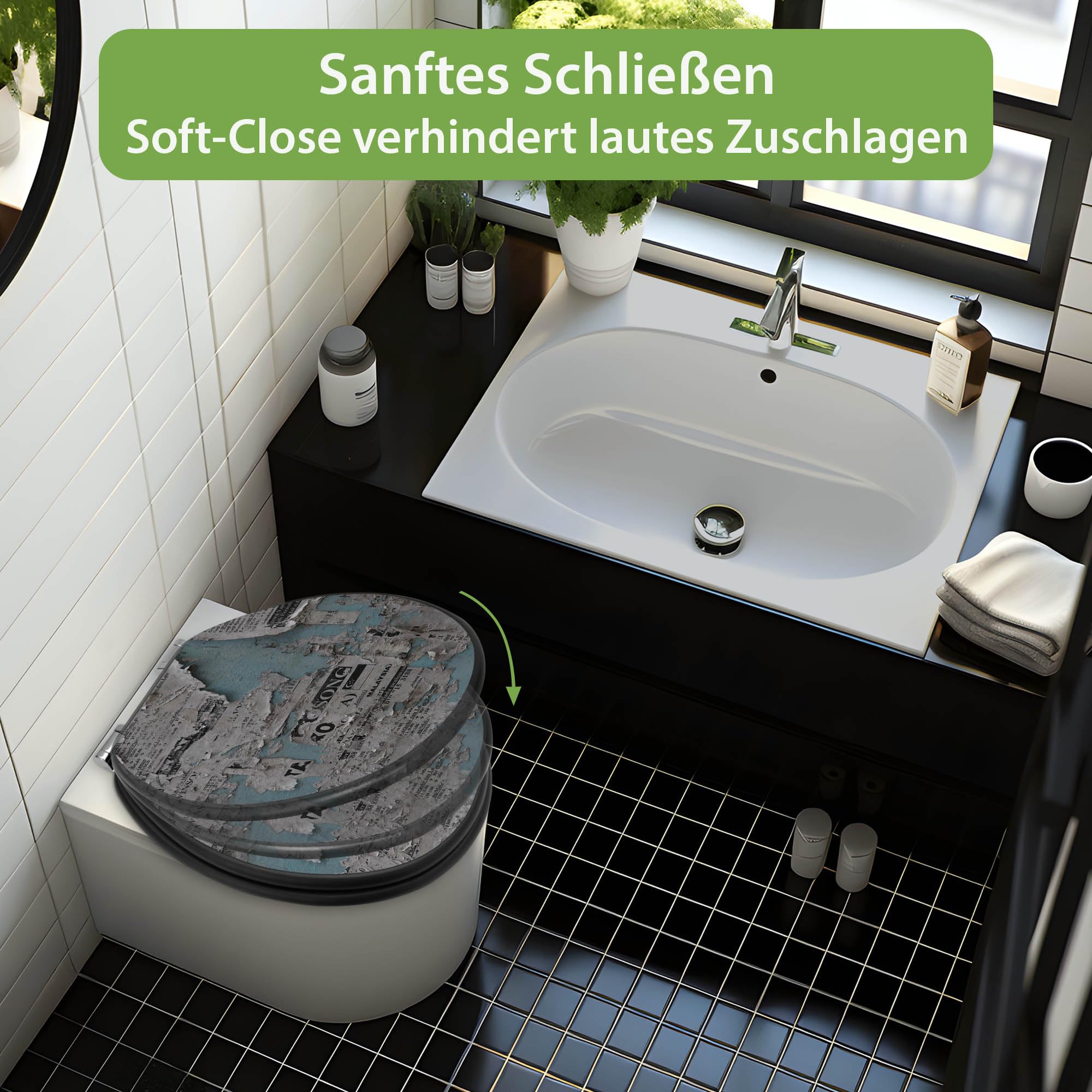 banjado WC Sitz Abstrakt & Muster - Absenkautomatik leise - 38 x 46,5 cm O-Form - MDF Holz Toilettendeckel anthrazit - Klositz grau pflegeleicht mit Softclose - Motiv Wand mit Zeitungen