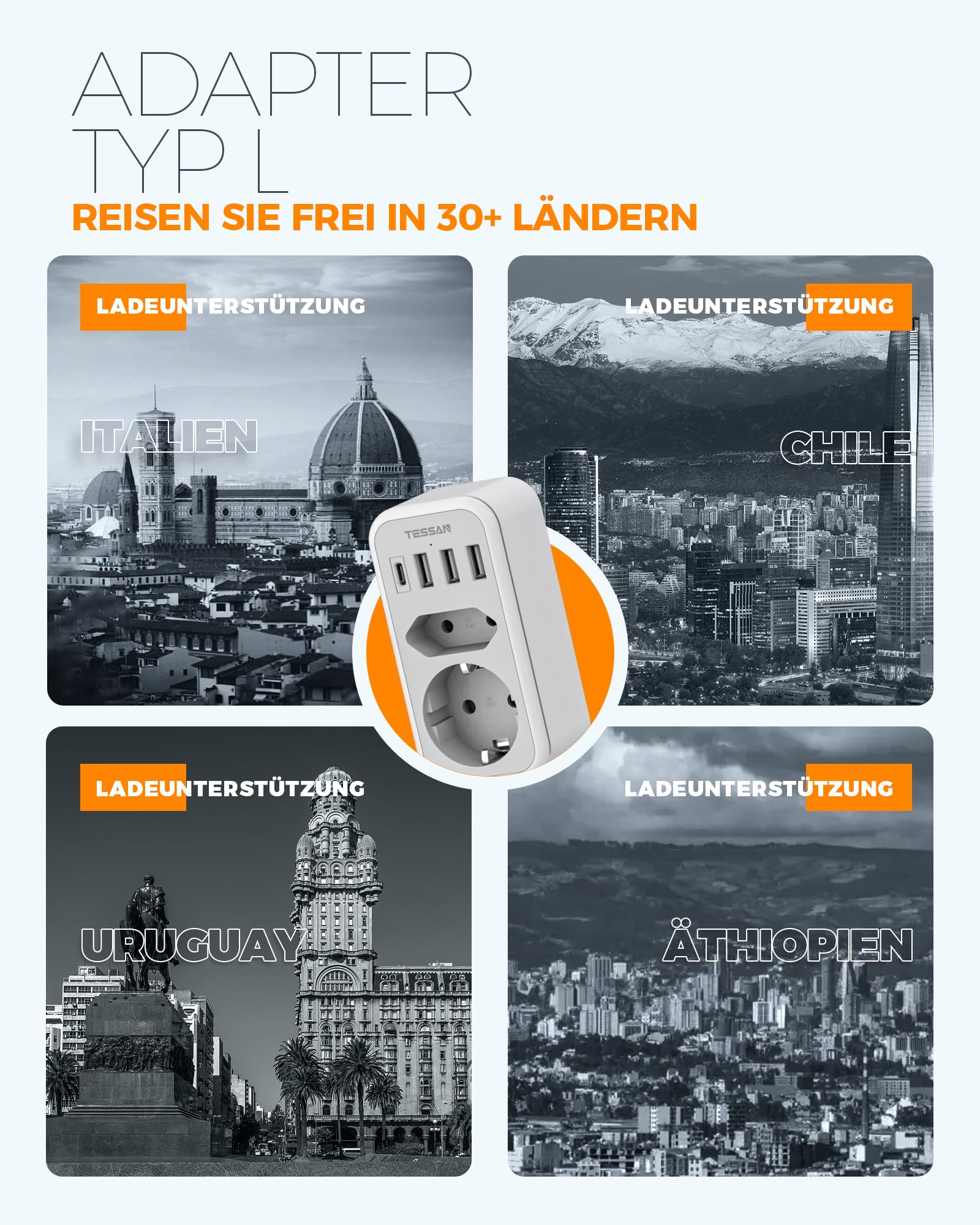 TESSAN Adapter Włochy do gniazdka, 6 w 1, adapter podróżny Włochy z 1 USB C i 3 USB A, adapter podróżny Chile, adapter Włochy Niemcy, adapter do gniazdka wtykowego USB do Włoch Chile Urugwaju