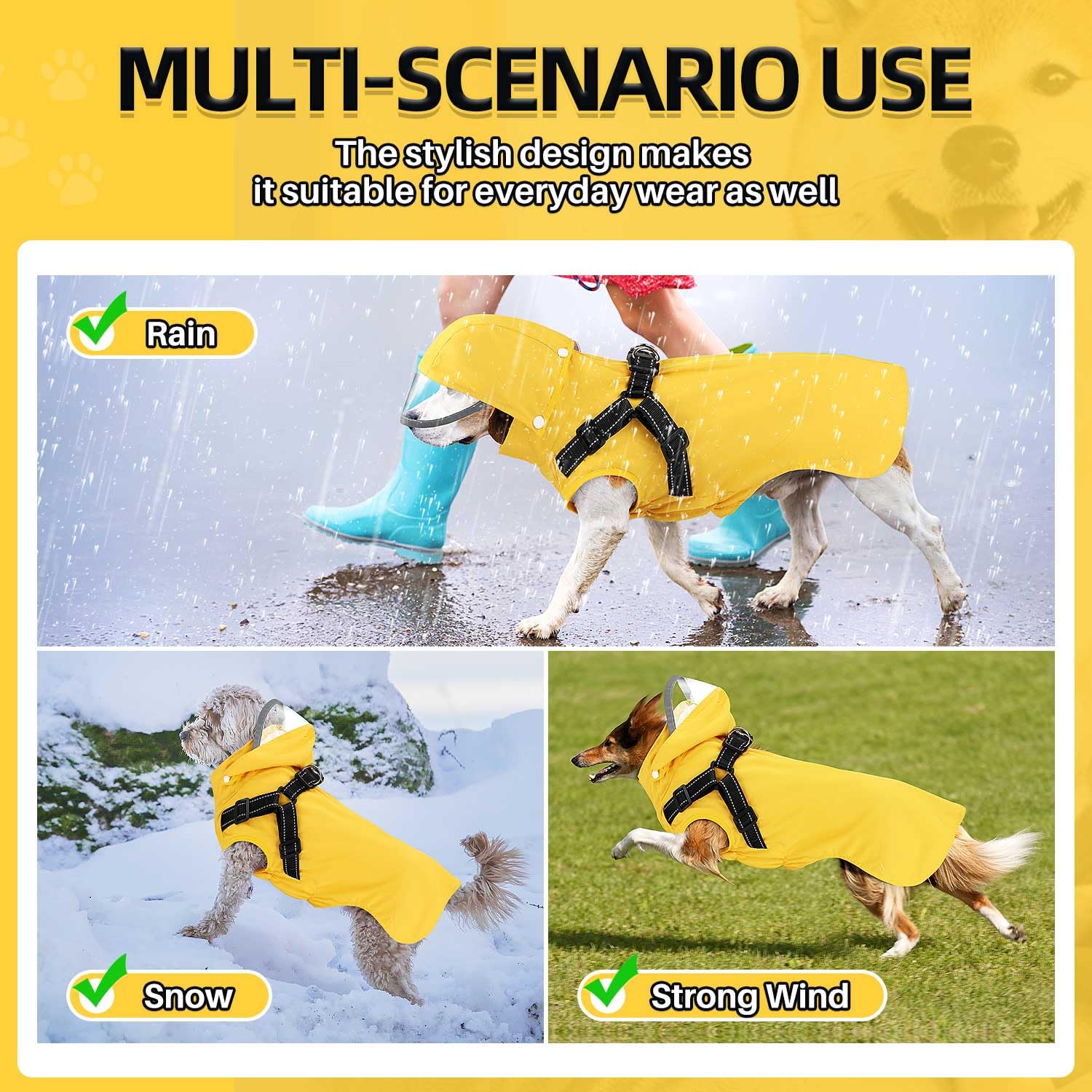 SlowTon Imperméable pour Chien - Manteau de Pluie pour Chien avec Harnais de Poitrine, Capuche Amovible, Veste de Pluie imperméable à Fermeture éclair, Poncho de Pluie pour Chien sans Manches avec