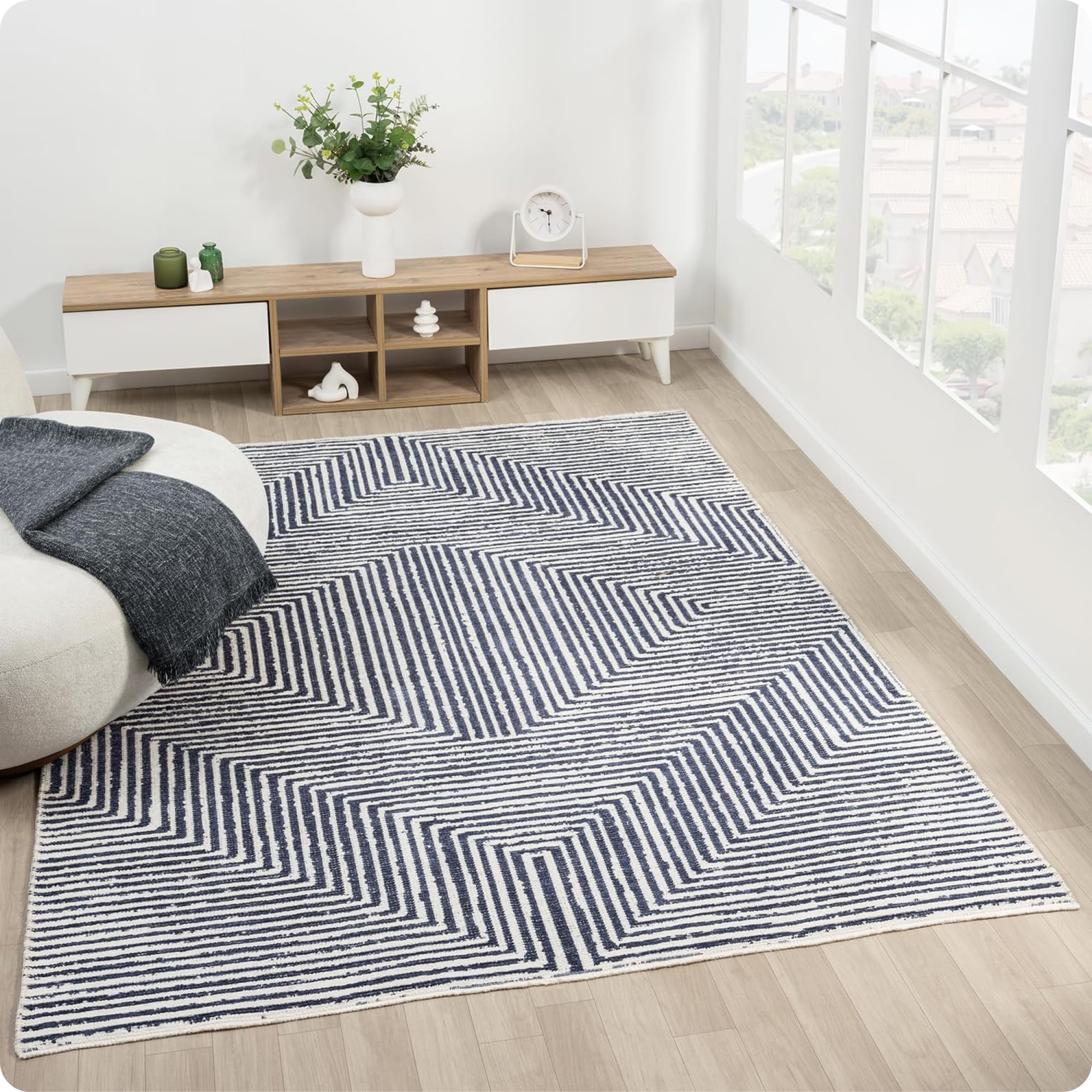 indigo ink - washable area rug, stain resistant, easy to clean, geometric boho decor, ideal for living room, bedroom, office (5' x 7'', panther navy/white)
