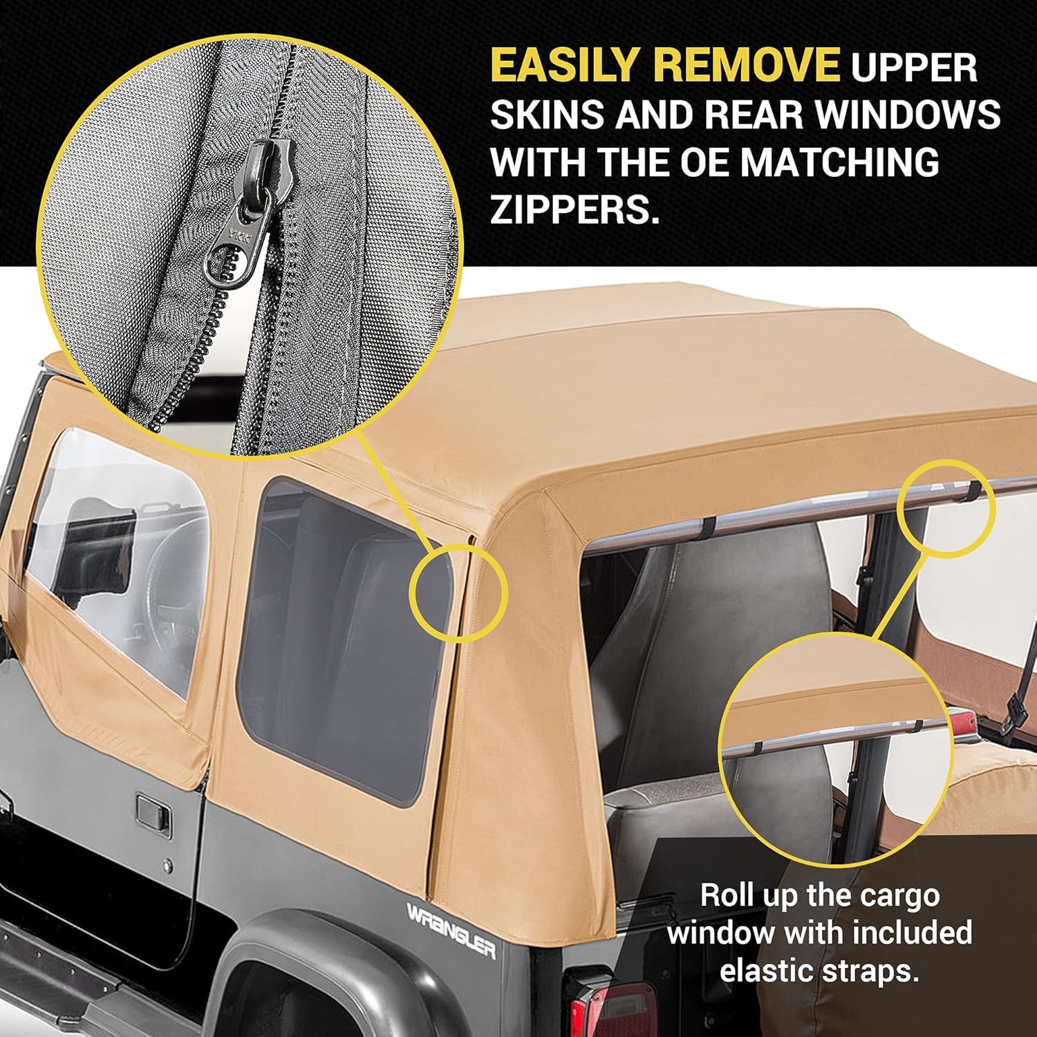 TACTIK Fabric Only Replacement Soft Top - Fits Jeep Wrangler 1988-1995 YJ - Custom-Fit Fabric Roof with Removable Side and Back Window (With Door Skins, Spice Denim)