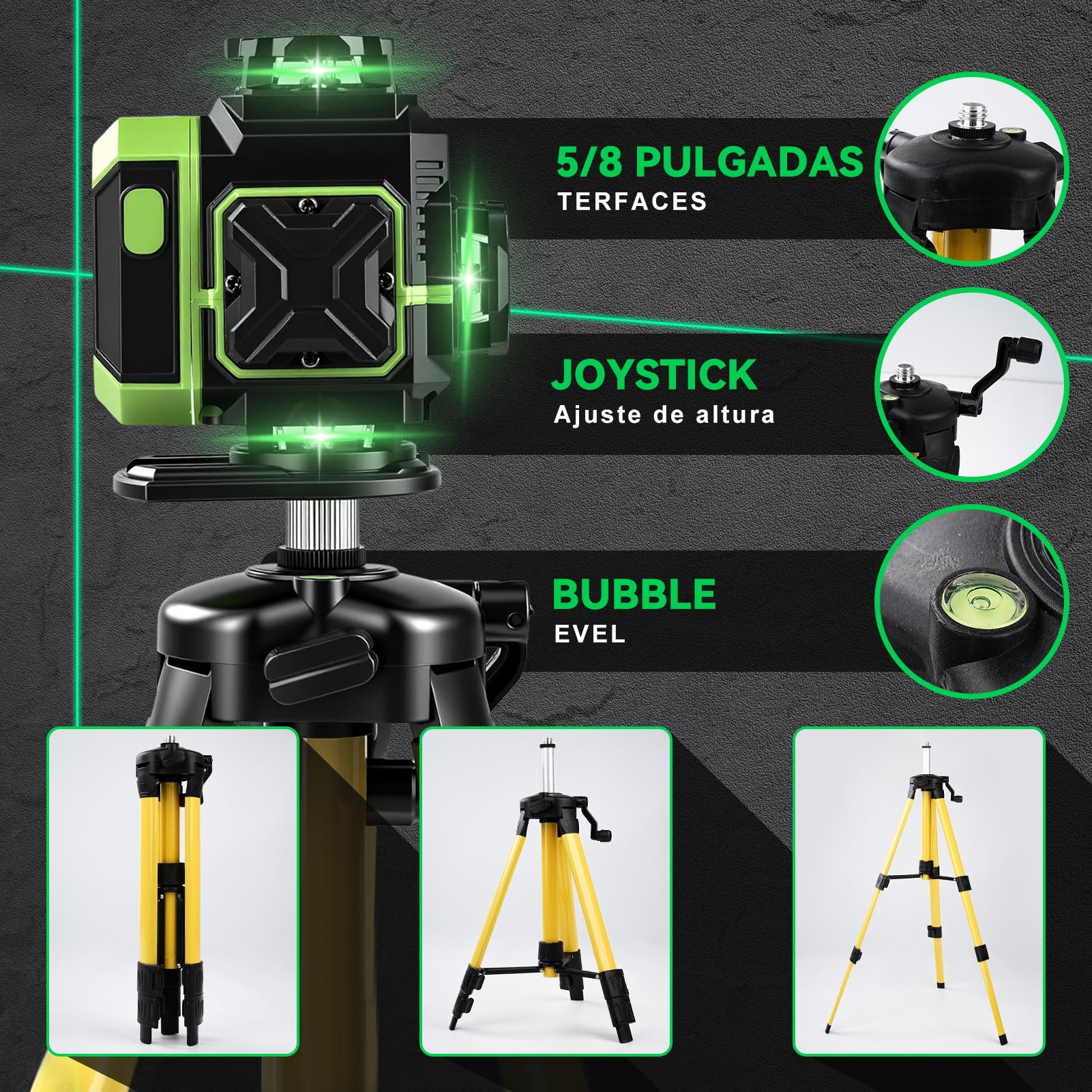Nivel Láser Verde, 4 x 360° Nivel Laser Autonivelante 360 Grados Con 2 x 3600mAh Batería,16 Línea Láseres de Verde Cruzada Herramienta de Nivelación Vertical/Horizontal Con Soporte de Trípode