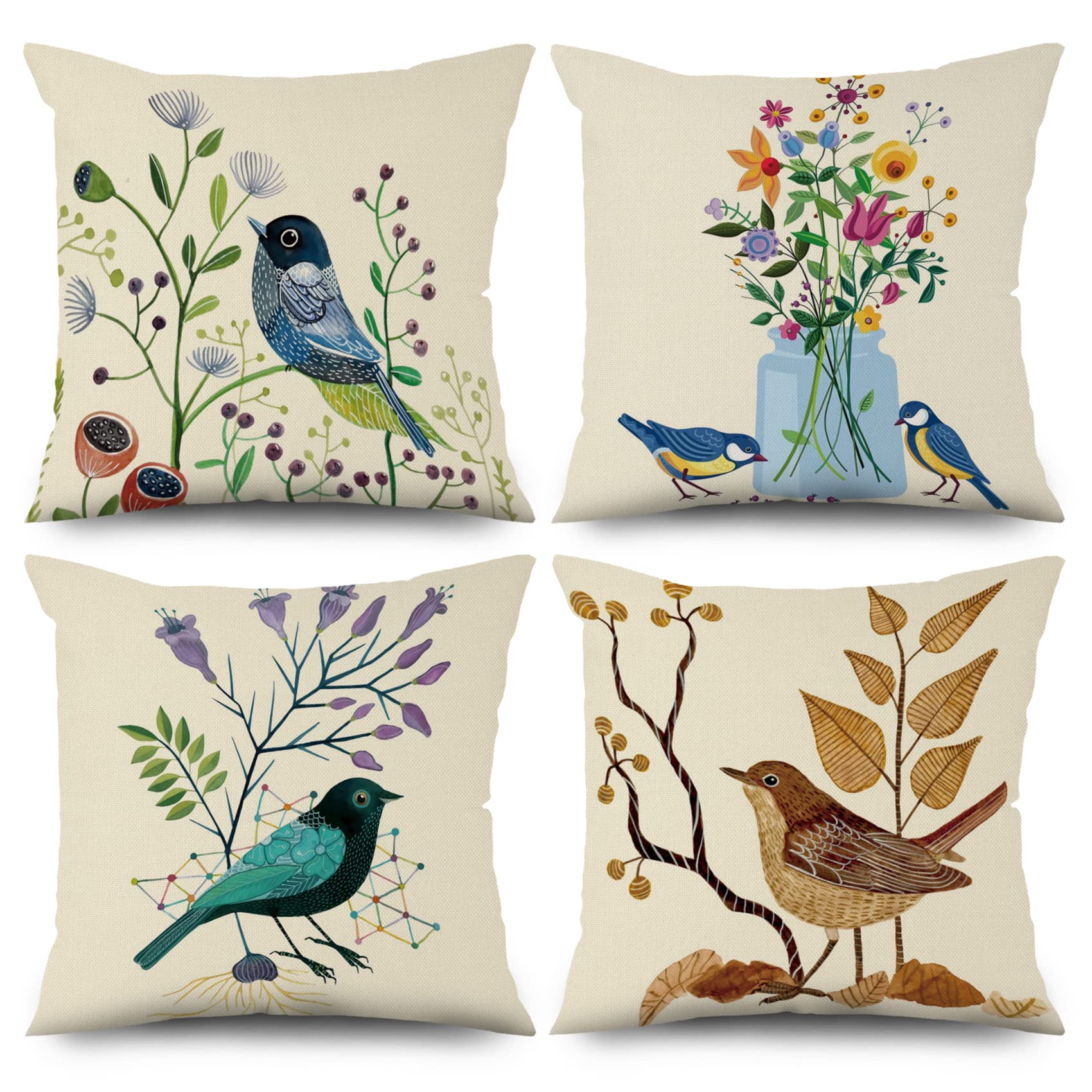 ASDCXZ Spring Pillow Cover Set, 50x50 cm, 4pcs, Flower Bird Pattern Beige Sofa Cushion Decorative Covers Washable Polyester Flax Textile Outdoor Upholstery โ image 1