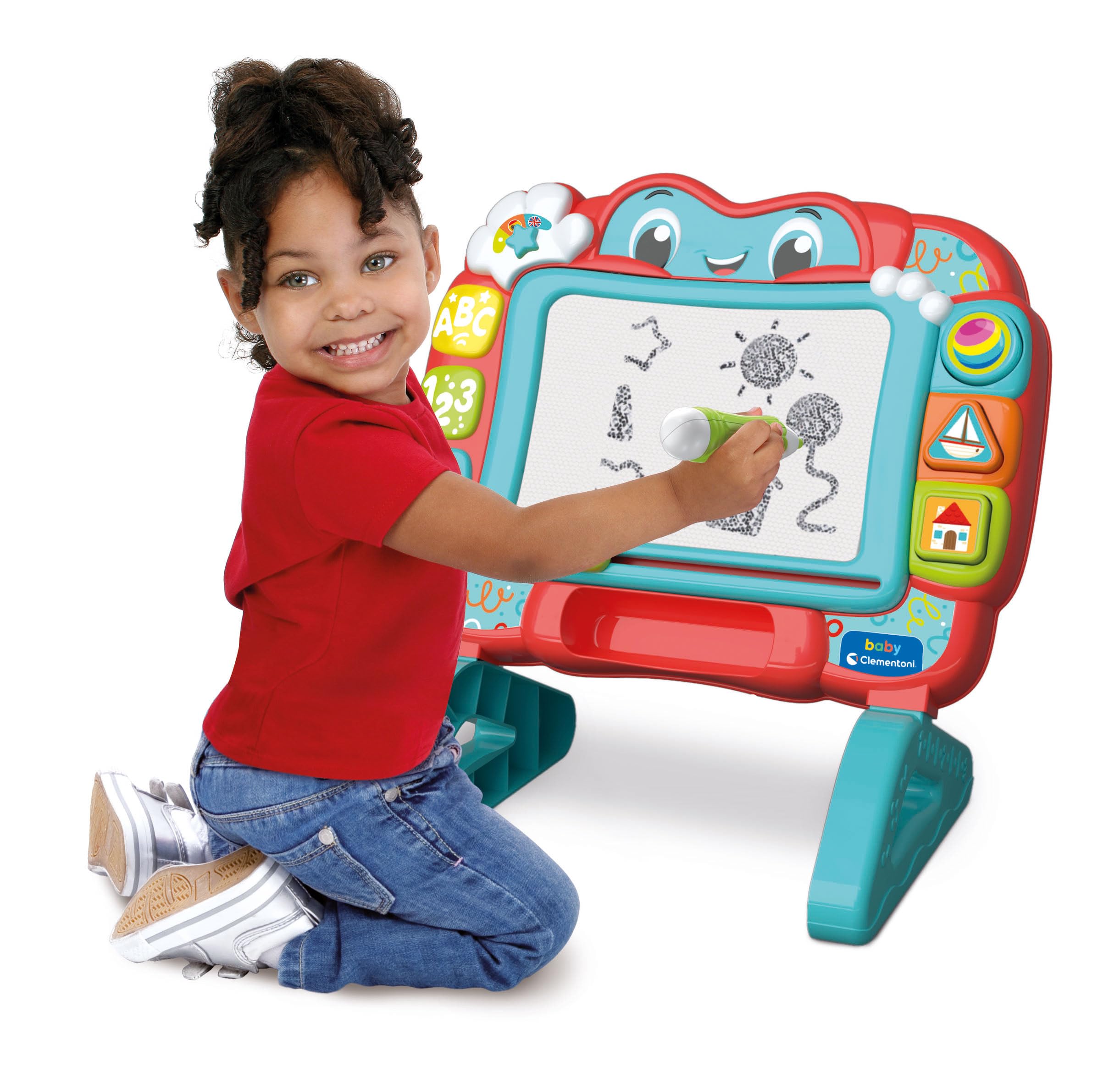 Clementoni Baby Pizarra Canta y Aprende – Juego electrónico Interactivo, Pizarra magnética para niños de 18 Meses, educativa con números y Palabras, Centro de Actividades parlante, Italiano e inglés,