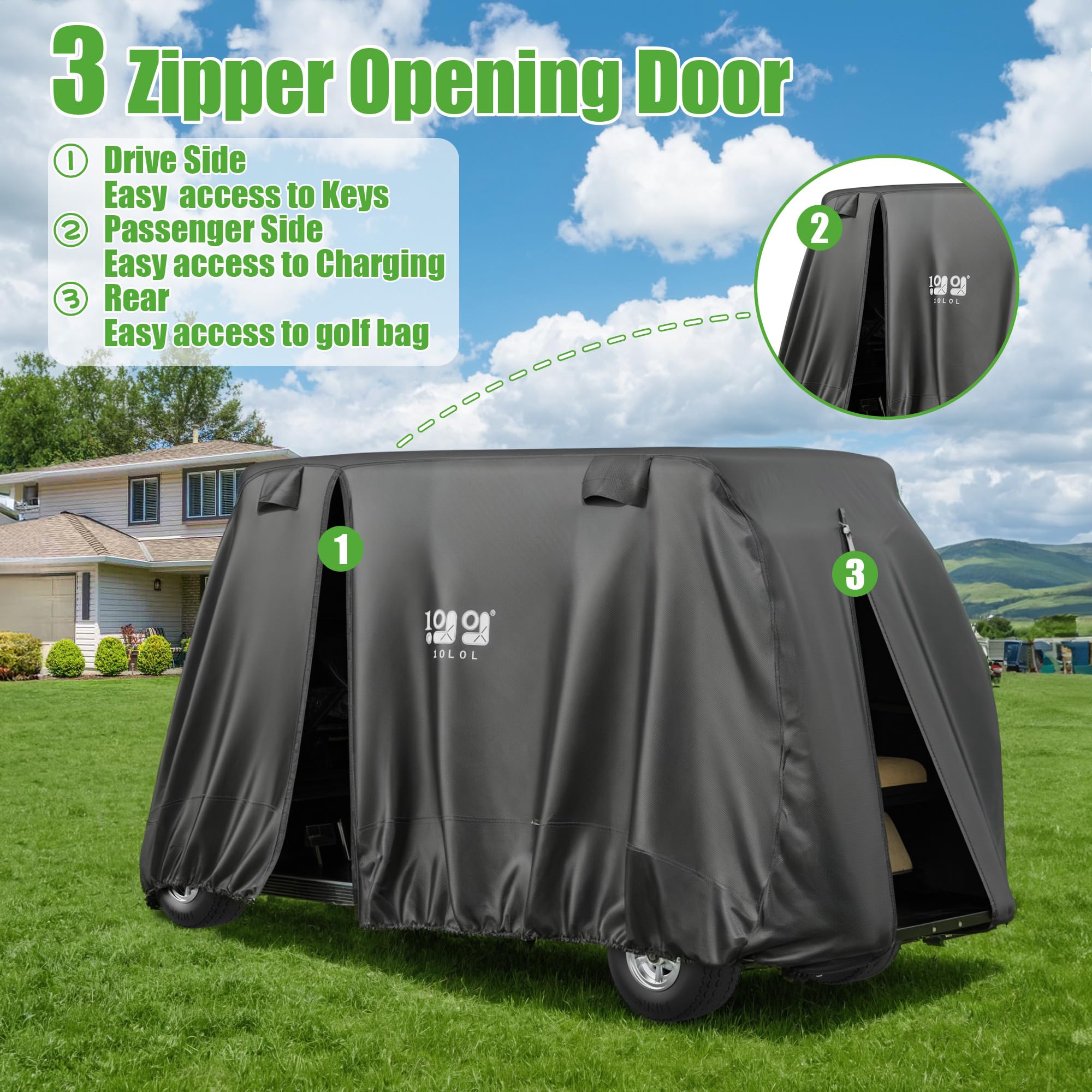 10L0L Wodoodporny pokrowiec na wózek golfowy dla 4+2 i 4-osobowych | tkanina Oxford 420D | uniwersalne dopasowanie Yamaha, EZGO, samochód klubowy, wiatroszczelny, z 3 zamkami błyskawicznymi