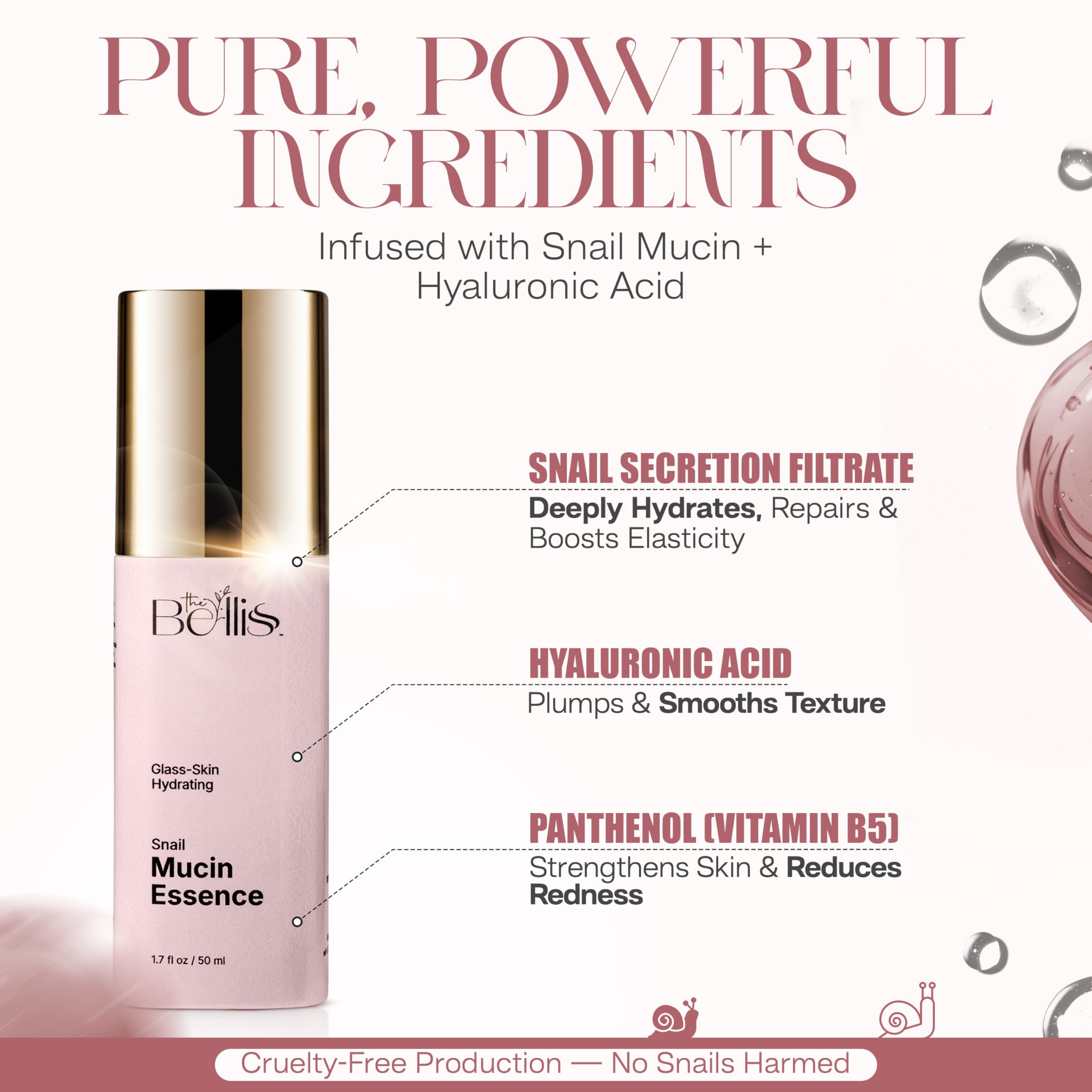 The Bellis Snail Mucin Essence – Snail Mucin Serum with Hyaluronic Acid, Allantoin – Hydrating Serum for Face – Lightweight and Fast-Absorbing – Anti-Aging and Hydration Support – 1.7fl oz