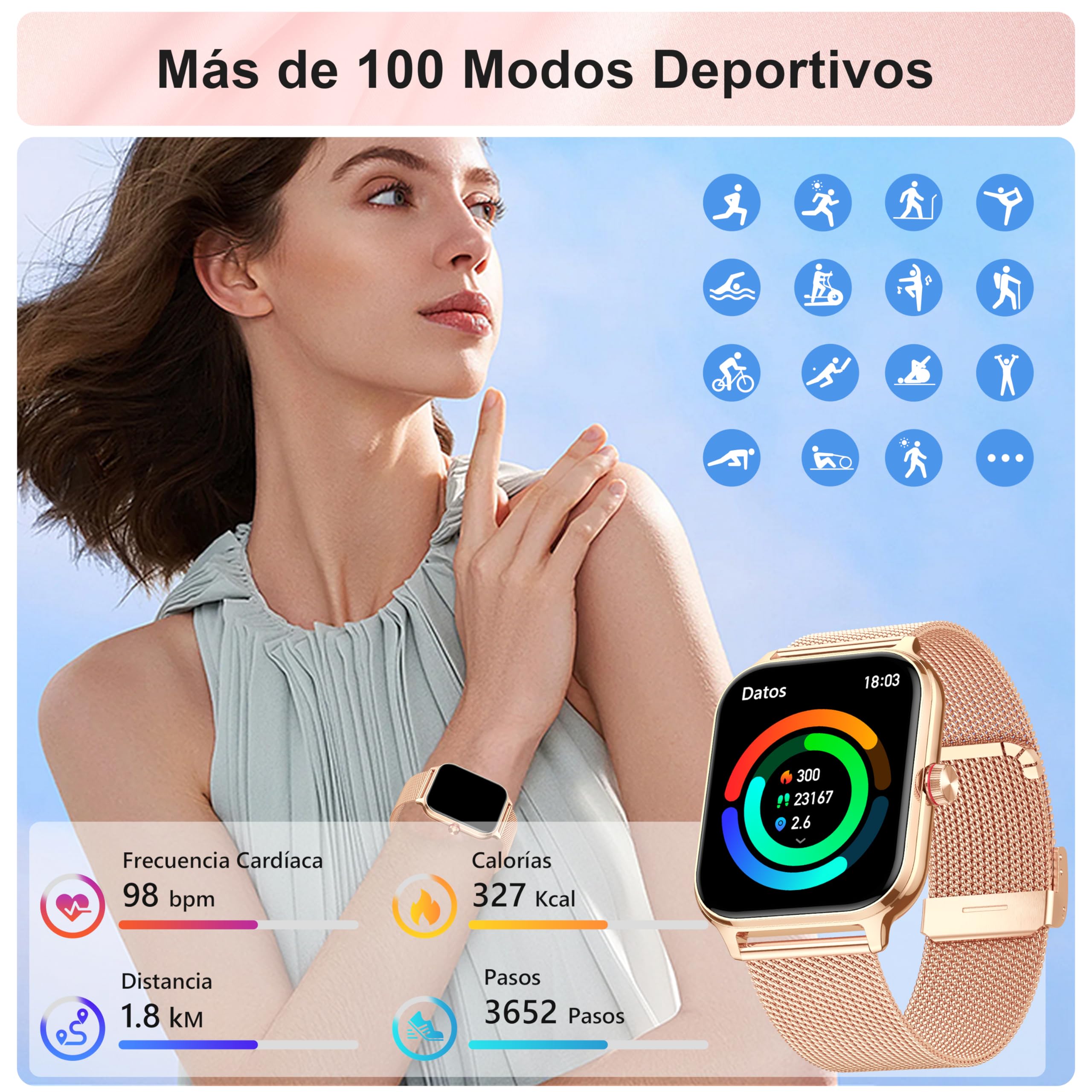 LODIMEKE Reloj Inteligente Mujer con Llamadas y Asistente AI, Whatsapp Notificaciones, 1.95" Smartwatch con Monitor de Presión Arterial /SpO2/Pulsómetro/Sueño, 2 Correas Pulsera Regalo iOS Android