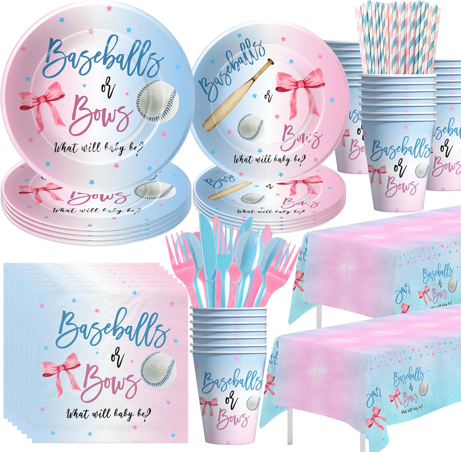 Baseball or Bows Gender Reveal Decorations Tableware, Boy Or Girl Baseball Gender Reveal Party Supplies, Plates, Cups, Napkins, Disposable Cutlery, Tablecloth, Paper Straws, Serves 24