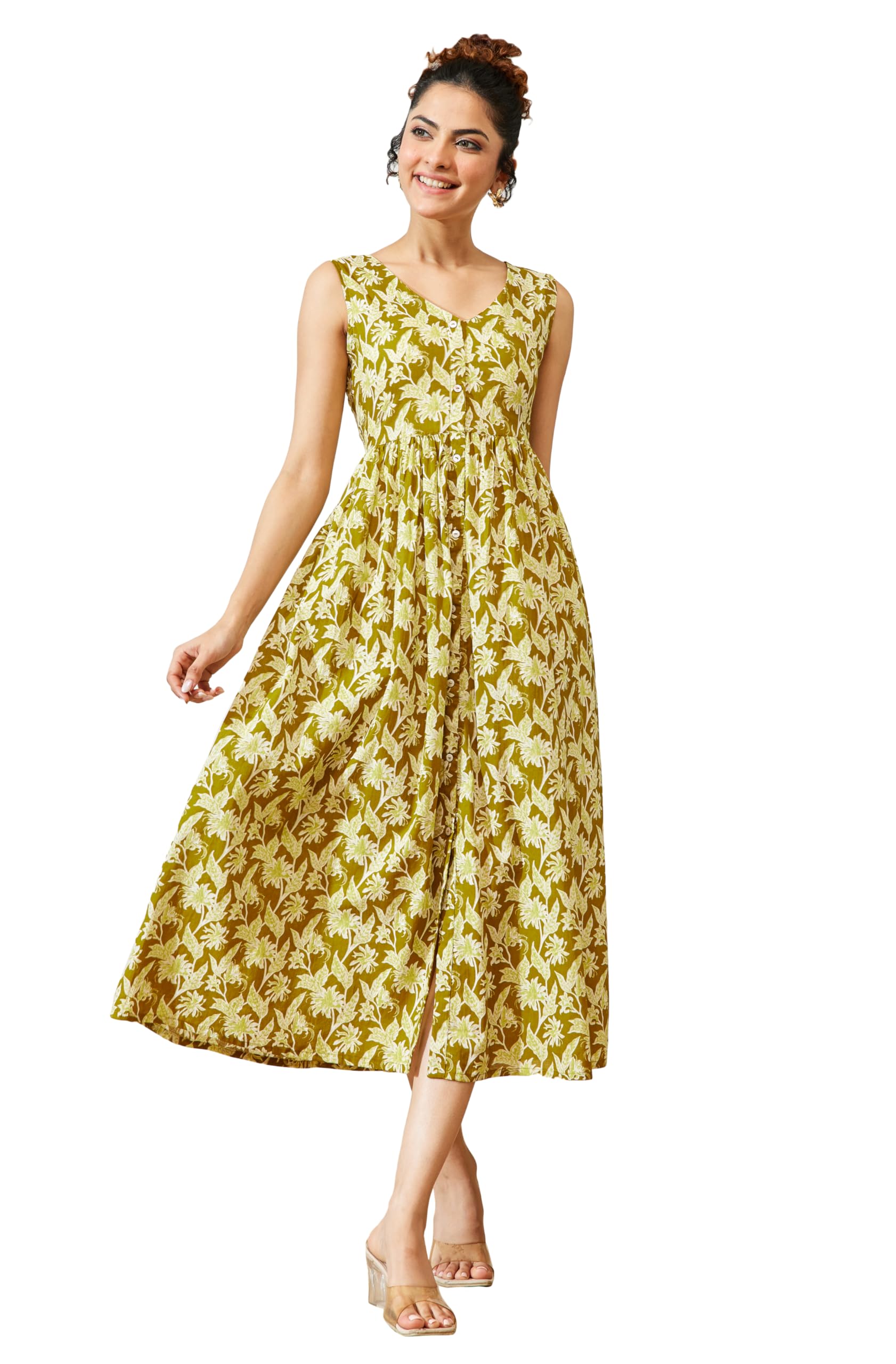 Jack & Jones Women's Olive Green Pure Cotton Floral Printed A-line Dress in green