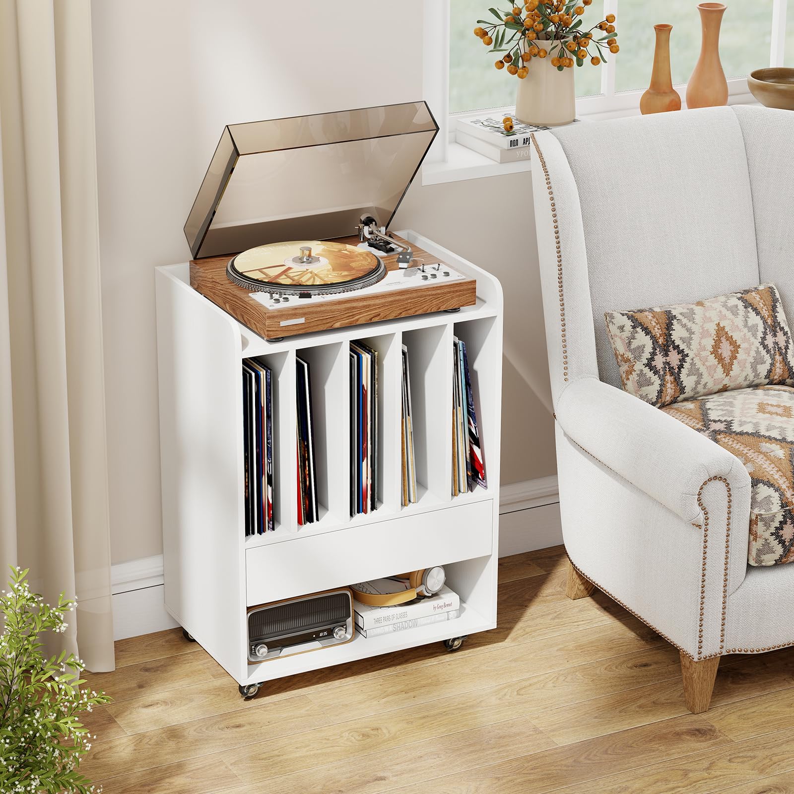 COSTWAY Mobile Porta Vinili con 4 Ruote Universali, Porta Dischi Vinile con Cassetto, Scomparto Aperto e Gancio Rimovibile, Mobile Giradischi Salvaspazio per Studio, Ufficio e Soggiorno (Bianco)