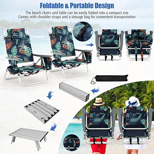 Miniatura 7 de Tangkula Silla de Playa con Mochila con Mesa, Sillas Reclinables de 5 Posiciones con Bolsa Refrigeradora, 2 Portavasos, Barra para Toallas, Silla