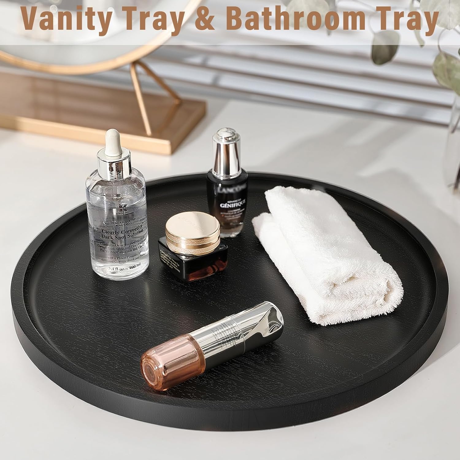 round wooden serving tray, 13.8 inch acacia decorative tray for home decor, coffee table, farmhouse style wood tray for small candle, vases, jewelry organizer, home kitchen tabletop decor, black black 13.8"