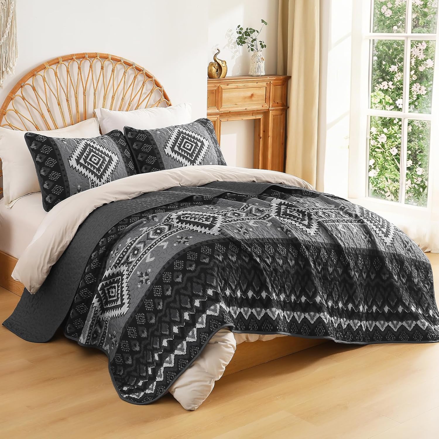 Dintszyayue Boho Quilt Set Queen Size,3 Pieces Aztec Texture Bedspread Black Grey Western Coverlet Set Soft Lightweight Bed Cover for All Season Geometric Bedding with 2 Pillowcases(Black,96"x90") - Image 2