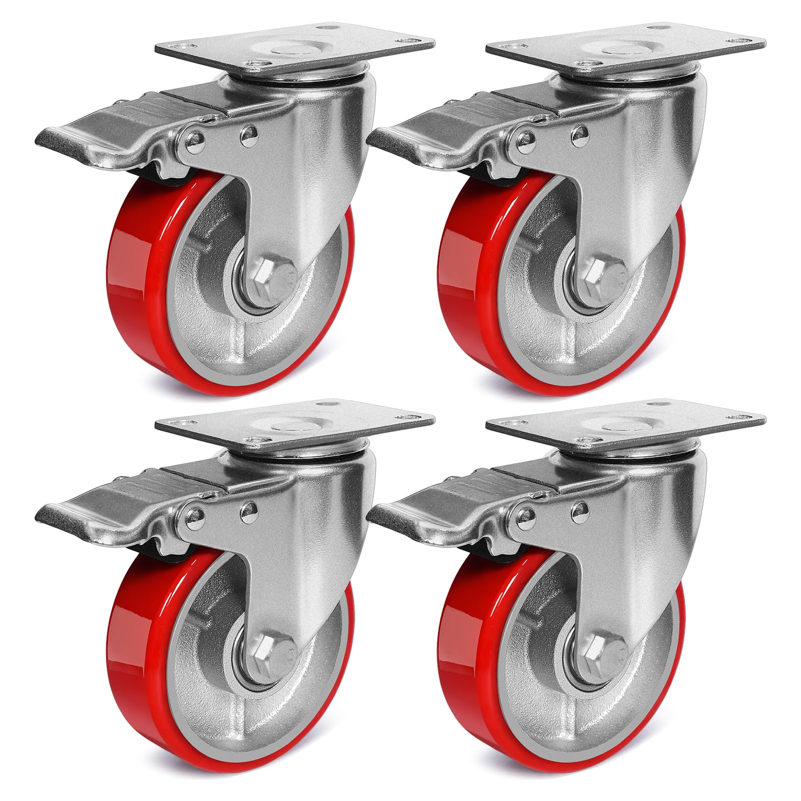 Sohnvwtgd 4 Inch Heavy Duty Casters, Swivel Caster Wheels With Brake, Polyurethane On Steel Wheel- Casters Set Of 4 With 2000 Lb Capacity, Caster Wheels For Furniture Workbench Cart (4 Brake)