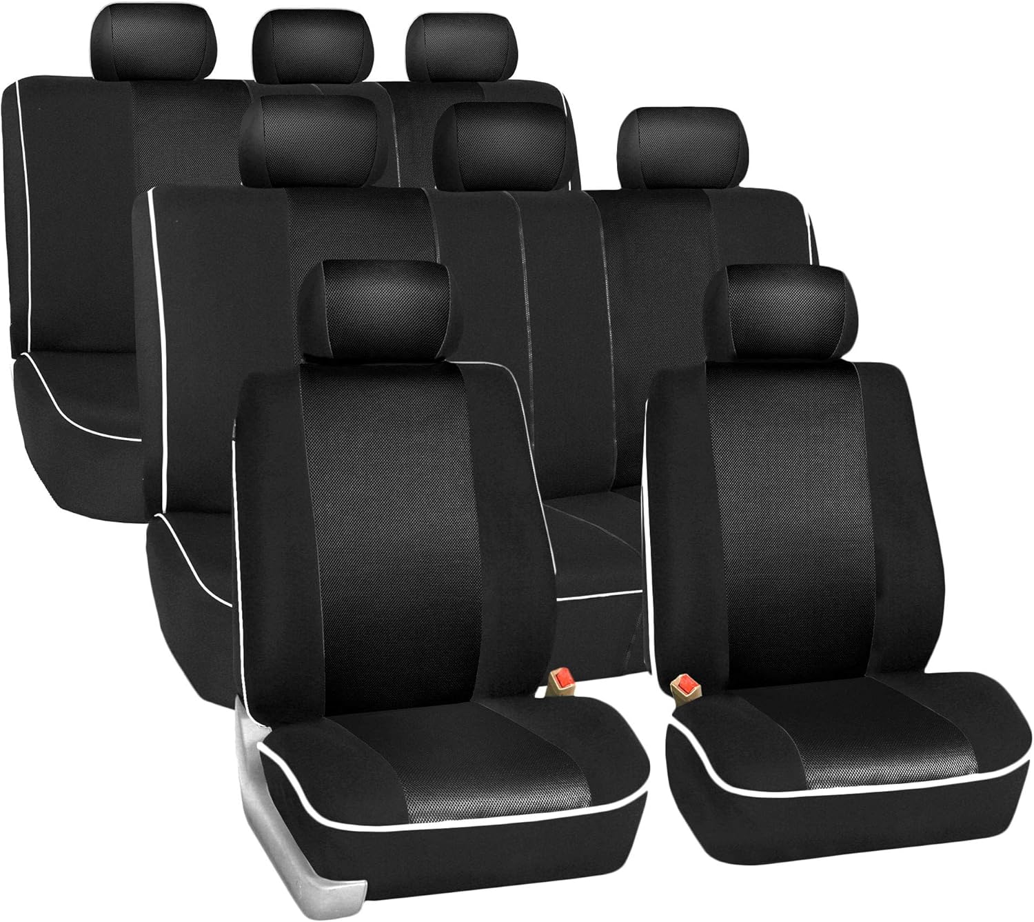 FH Group Car Seat Covers Three Row 8 Seater Cloth Car Seat Covers with Piping (Airbag and Split Ready) - Universal Fit for Cars Trucks & SUVs Solid Black Black (2 Buckets 2 Benches)