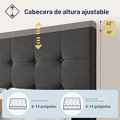 Miniatura 4 de Allewie - Base de cama con plataforma de tamaño Queen, tapizada, con 4 cajones de almacenamiento y cabecera, diseño tapizado cosido en cuadrados
