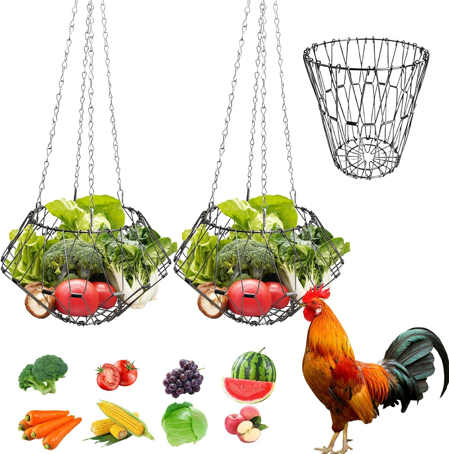 2 Pack Hanging Chicken Feeder Accessories,9.25IN Large Foldable Chicken Vegetable Treat Holder Basket,Sturdy Hanging Poultry Feeder Cabbage Bowl Sack with 4Pcs 20inches Hanging Chain for Chicken Coop