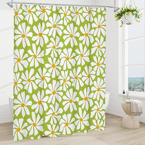 Miniatura 10 de Cortina de ducha floral de margaritas azules, cortina de ducha bohemia con flores de primavera para baño femenino, juego de cortina de ducha moderna