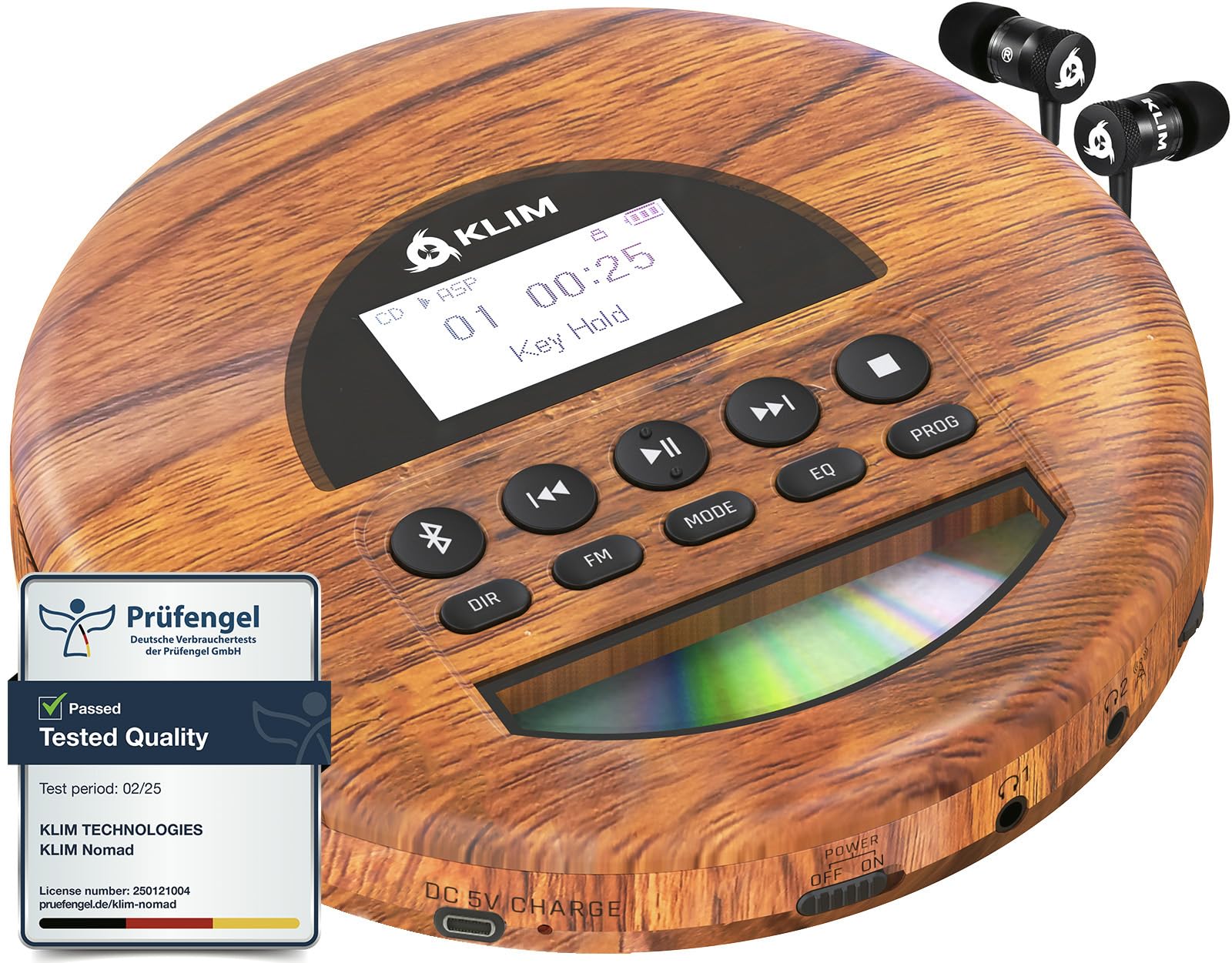 KLIM Nomad Wood - New - Portable CD Player Walkman - Long-Lasting Battery - Includes Headphones - Radio FM - Compatible MP3 CD Player Portable - TF