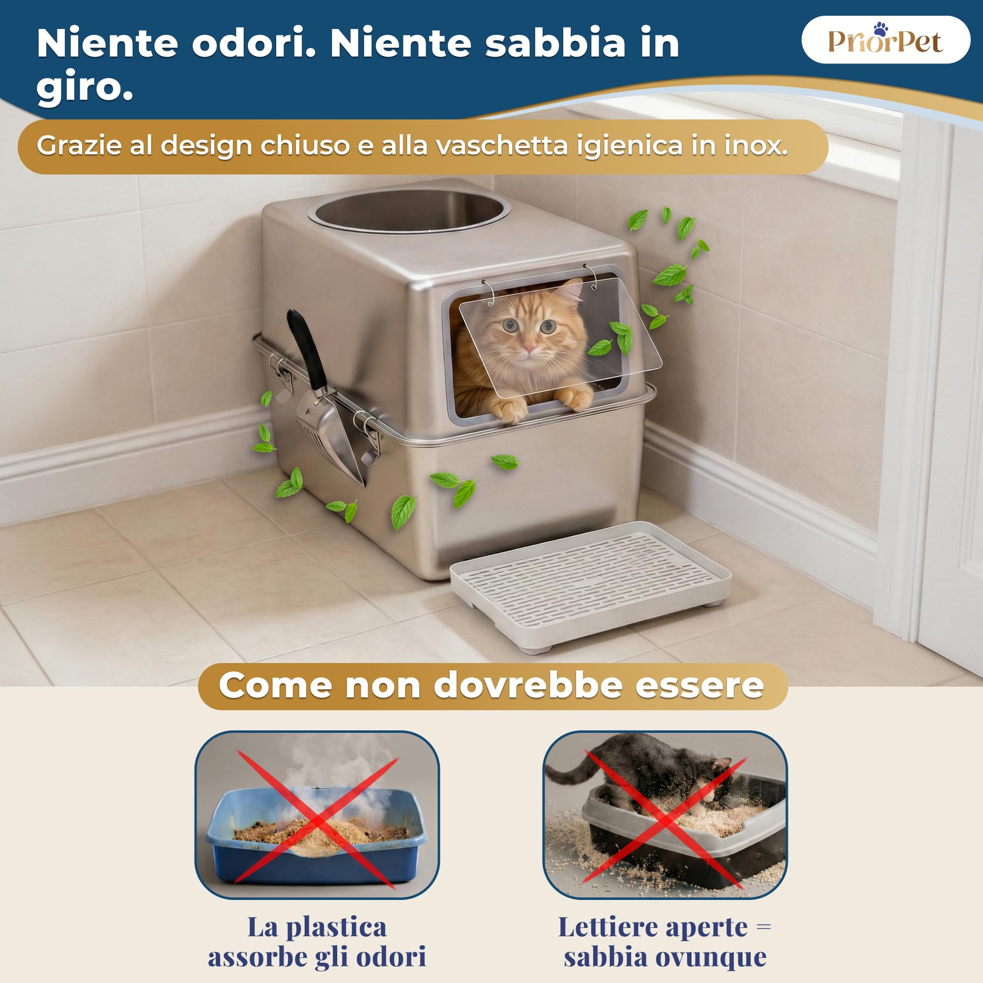 Lettiera Acciaio Inox XXL – Gatto Chiusa con Porta Frontale & Ingresso Superiore – Grande 60x41,5x40 cm – Facile da Pulire & Anti-Odore con Pedana Raccogli