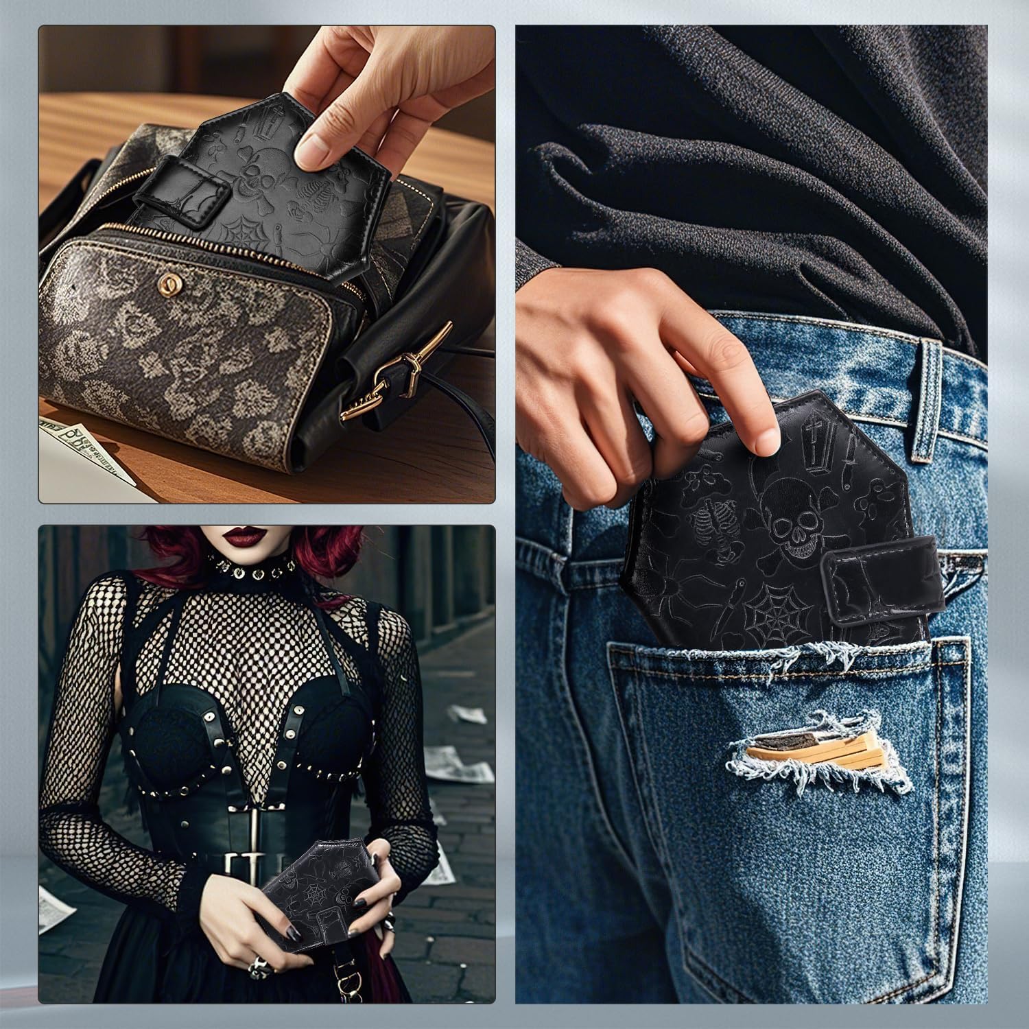 Gothic Wallet Leather with Embossed Skull Bats Spiders, Coffin Wallets for Women, Punk Horror Bifold Wallets, Goth Gifts for Halloween Accessories - Image 6