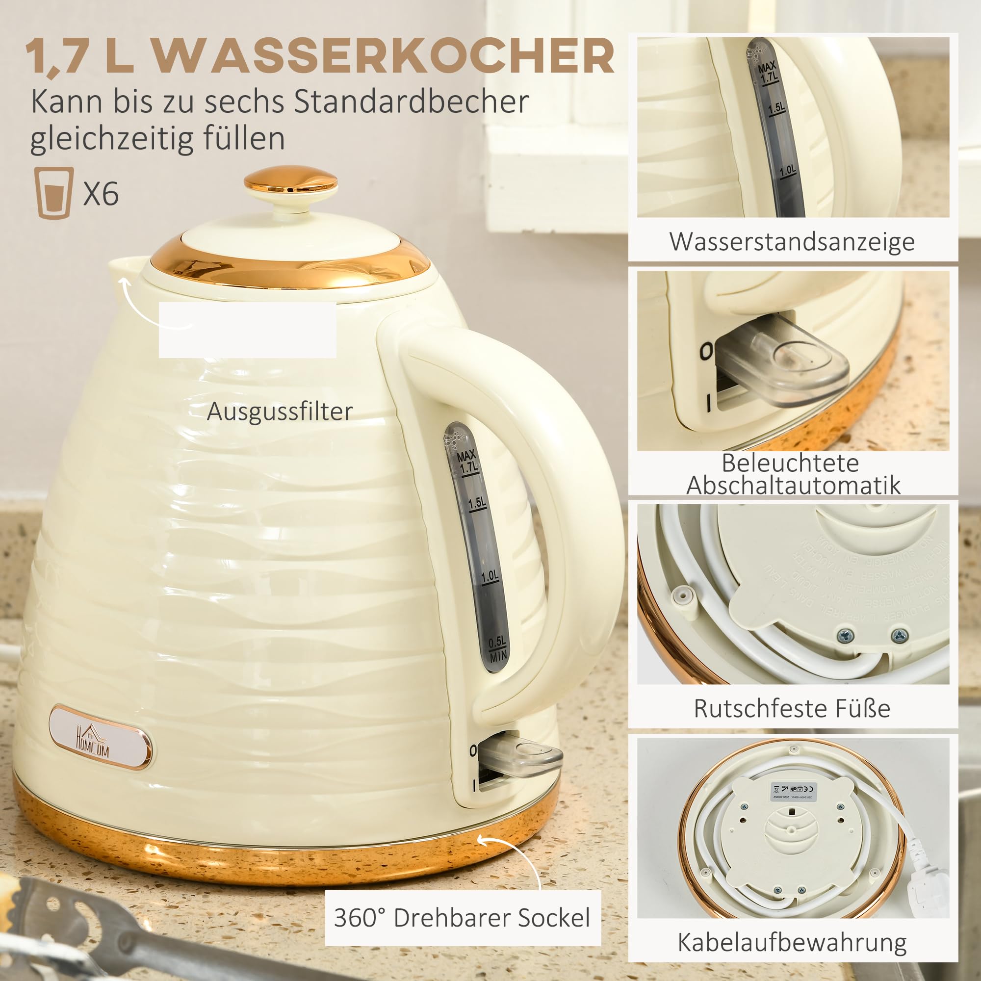 HOMCOM Zestaw śniadaniowy z czajnikiem 1,7L i tosterem na 4 kromki, 2200 W, 7 stopni opiekania, funkcje rozmrażania, podgrzewania i szuflada na okruchy, termostat Otter, kolor beżowy
