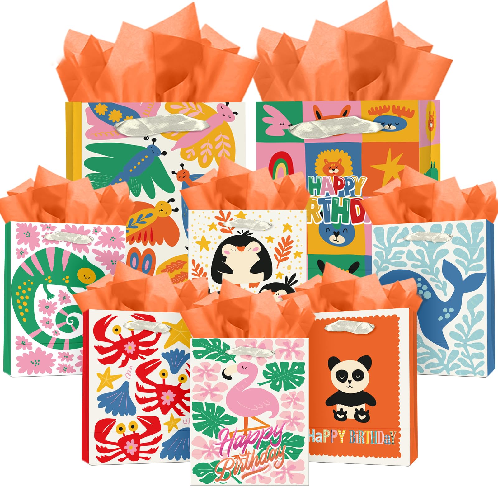Gcardist Assorted Paper Gift Bags with Tissue Paper Handles 8PCS Animal Birthday Cardboard Floral Gift Bags for Women Mom Grandma Party Supply (8PCS Medium+ 2PCS Super Large+ Tissue Paper)