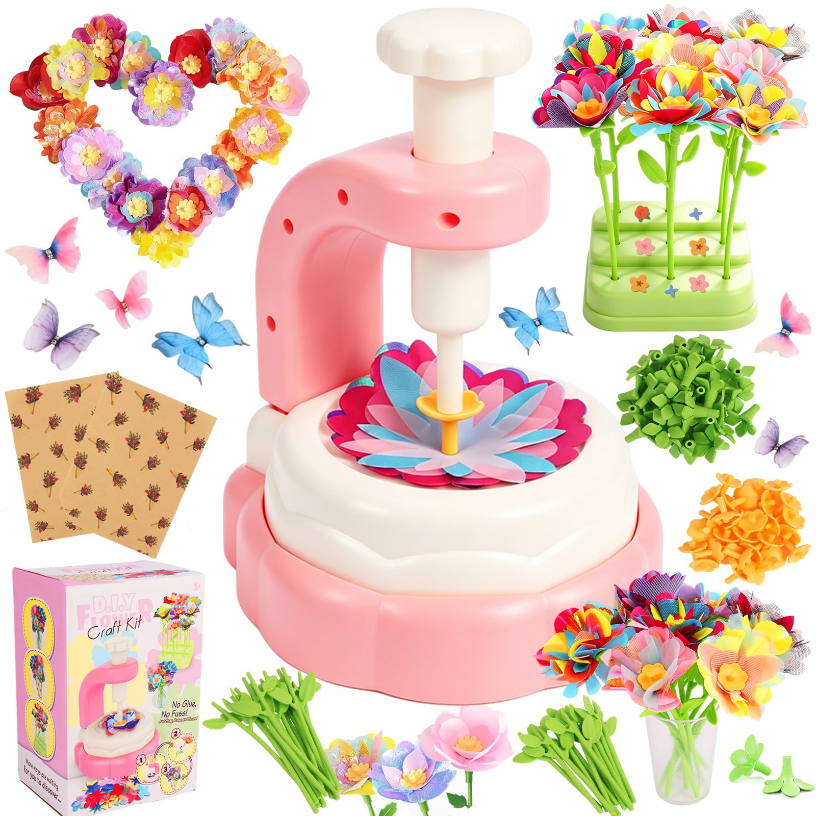 DIY Blumen Basteln Kinder, Blumenpresse mit Blumenmaschine, Komplettes Bastelset mit reichlich Zubehör für Mädchen ab 4–12 Jahre, Bastelspielzeug,Geschenk für Geburtstag, Muttertag und Weihnachten