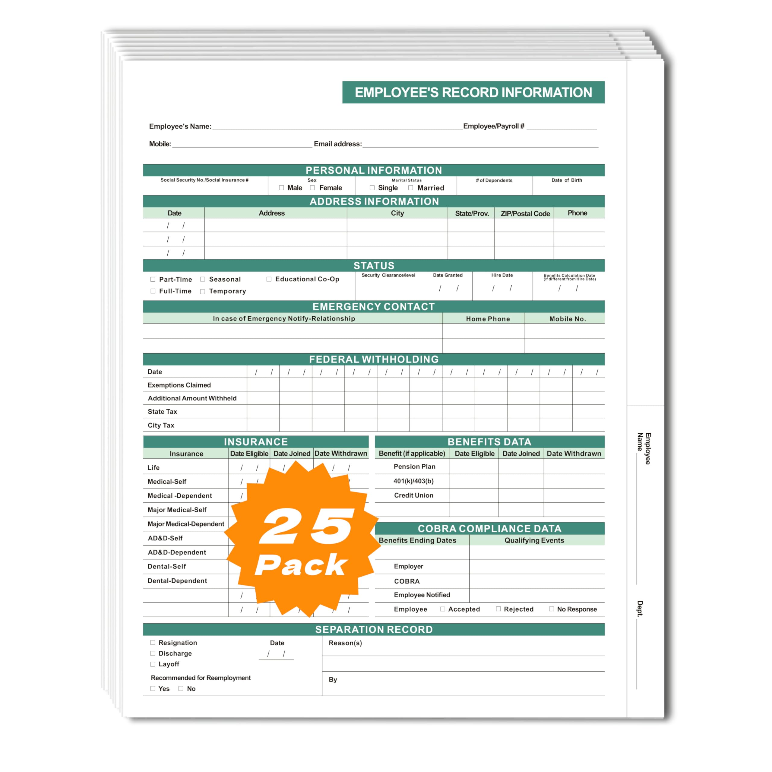 Employee File Folders with Internal Pocket, High Capacity HR Folders for Personnel Records, Durable HR Filing System for Office Organization, 25-Pack