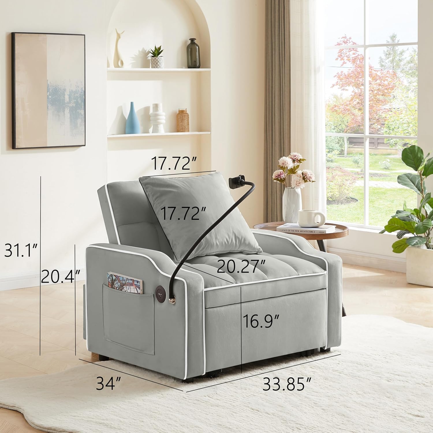 3-in-1 Chair Bed, Folding Convertible Chair Sofa Bed with Adjustable Backrest, Pull Out Sleeper Chair Bed, Modern Velvet Chair Bed (Grey(NewUpgrade))