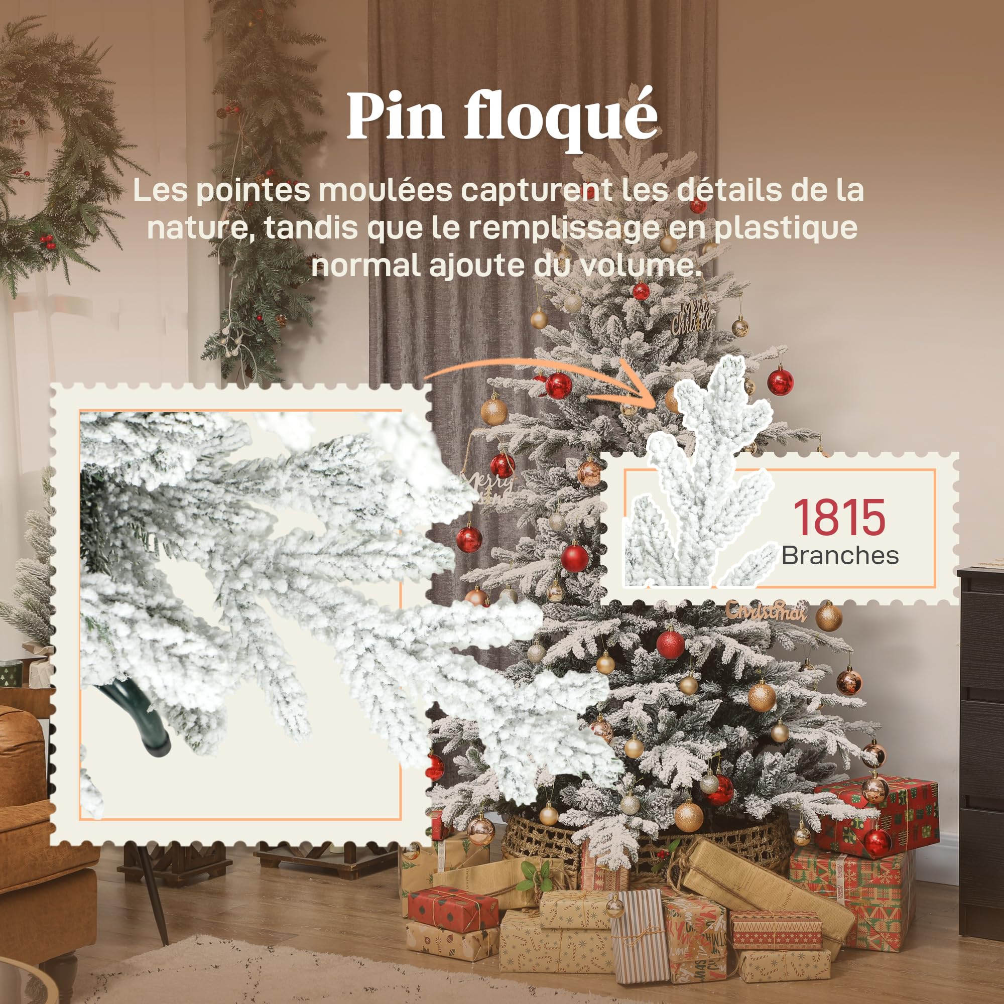HOMCOM Sapin de Noël Artificiel Floqué de Neige 180 cm Vert | 1815 Pointes de Branches Articulées, Arbre de Noël, Support en Métal Pliable, Facile à Monter et Ranger, Plastique Ignifuge