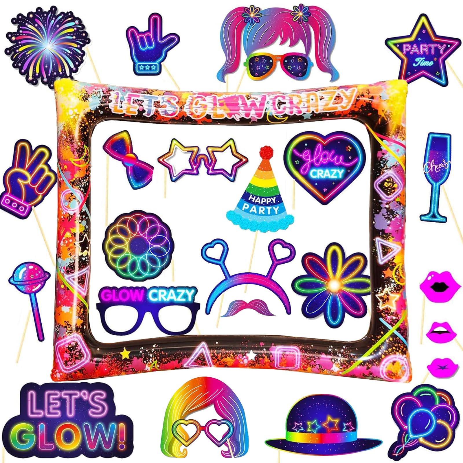 25 Pcs Neon Photo Booth Props and Inflatable Photo Booth Frame, Funny DIY Birthday Party Props, Glow Party Inflatable Selfie Frame, Fun Selfie Props for Party Birthday Wedding Carnival