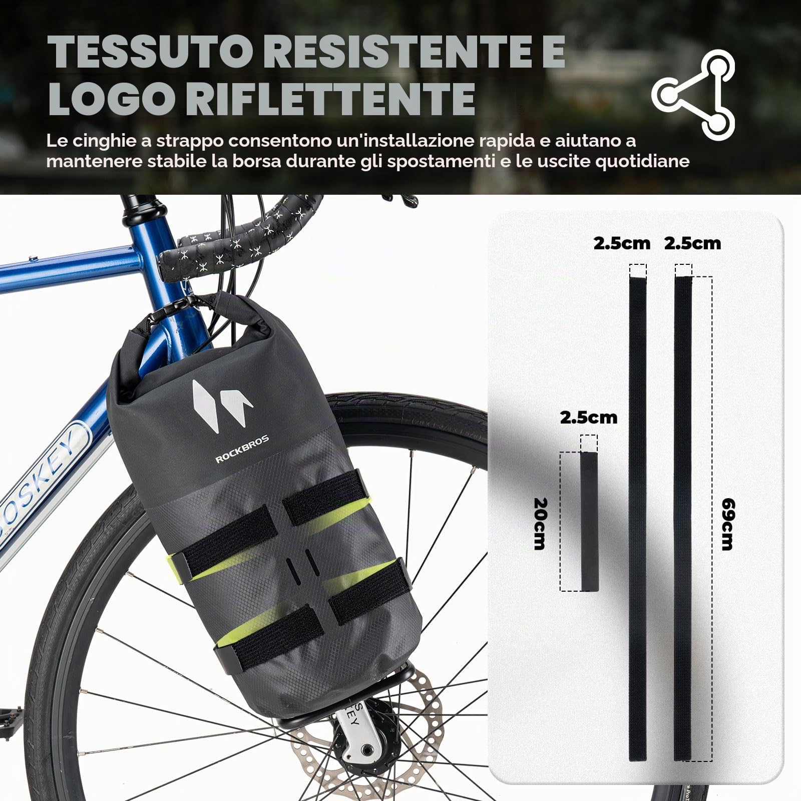 ROCKBROS Borsa da Forcella per Bicicletta 7L | Impermeabile, Chiusura Roll-Top, Anteriore per Bikepacking, Resistente e Compatta, Per MTB e Bici da Strada