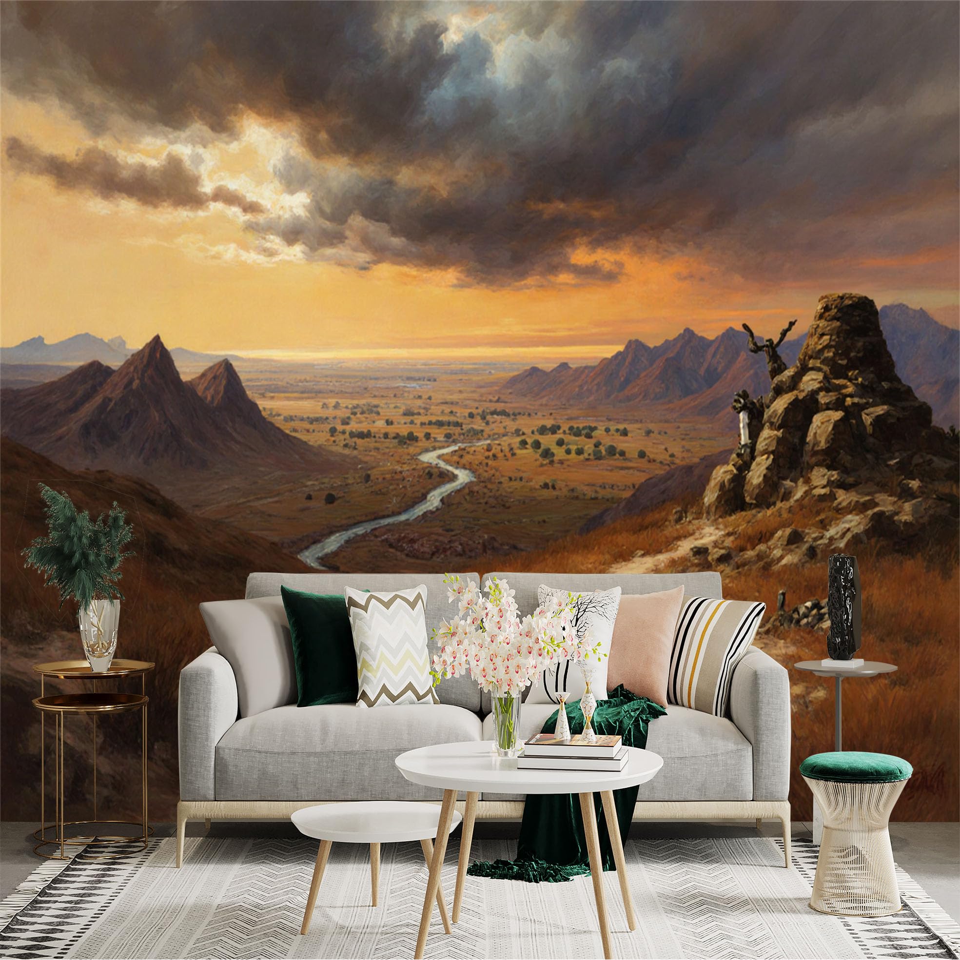 Lnzczhyre Xc260505211 Custom Size Wall Sticker Mural， Dramatic Sunset Landscape， Winding River Valley， Rugged Mountain Peaks， Golden Hour Scenery， For Wall Decoration， Peelandstick Wall Decals.