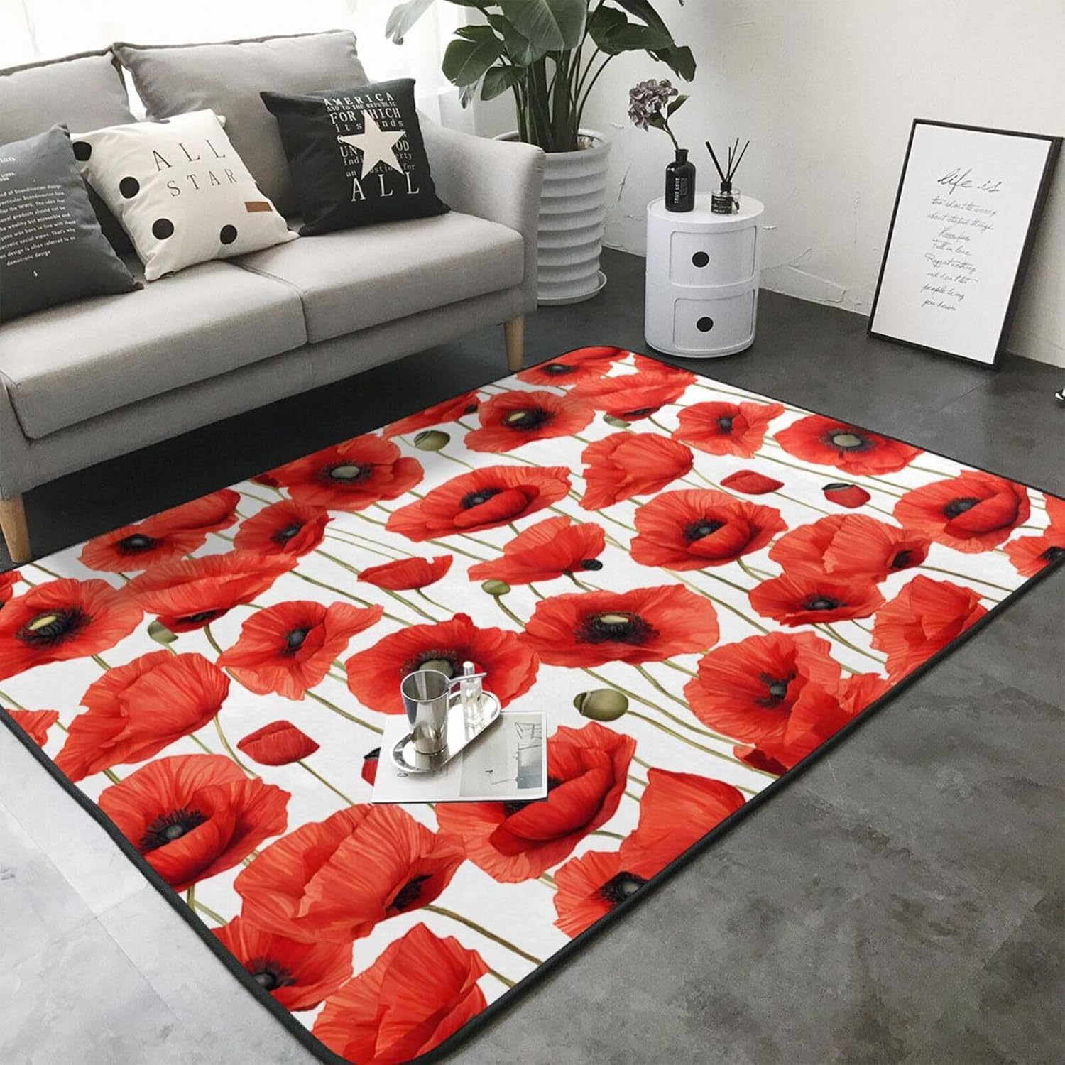 Flannel Non-Slip (Red Poppy Flower) Rug Pad 80×50in Soft Washable Protective for Hardwood Floors Bedroom Bathroom Living Room