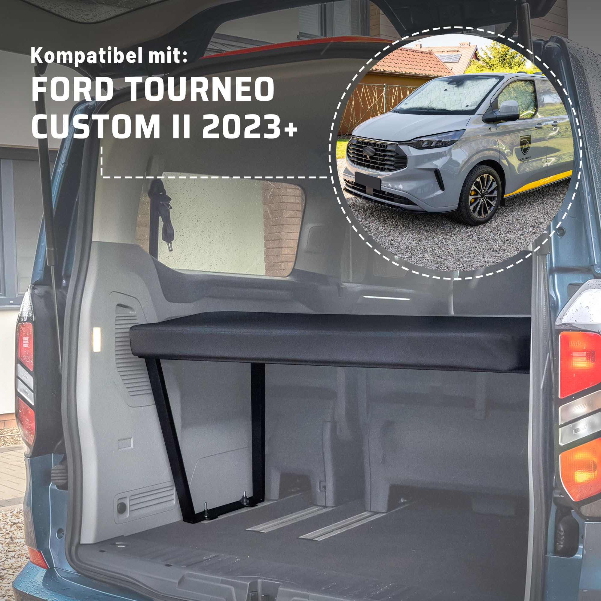 CHROMEMASTER | Kompatibel mit Ford Tourneo Custom II 2023+ ; Set: Faltbar Bett für Auto und Auto Matratze, Faltmatratze; Multiflexboard Bettverlängerung für Camper, Regal; Zubehör für den Wohnmobil