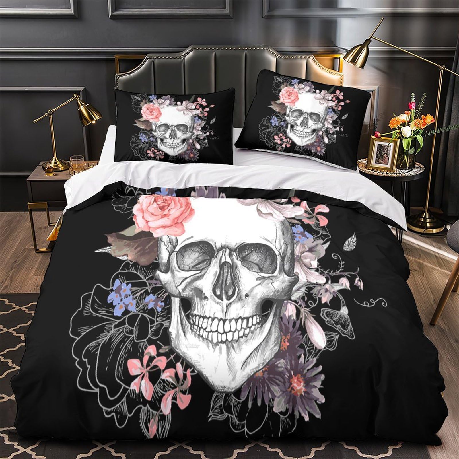 Parure de lit skull floral microfibre king 220x240 avec 2 taies d'oreiller