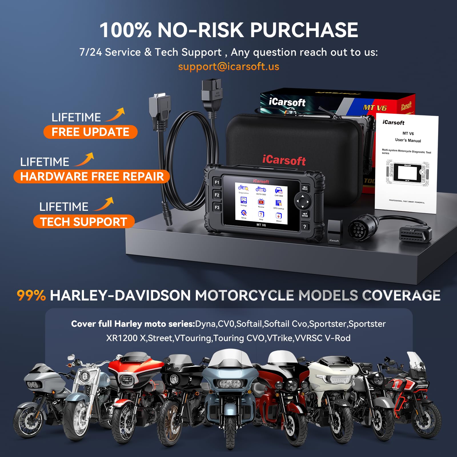 iCarsoft MT V6 Outil de diagnostic de moto pour Harley, tous les systèmes de diagnostic OBD2 avec 57 tests d'actionnement, 43 fonctions spéciales, réinitialisation d'huile/ETC/ABS/ESA/ralenti moteur