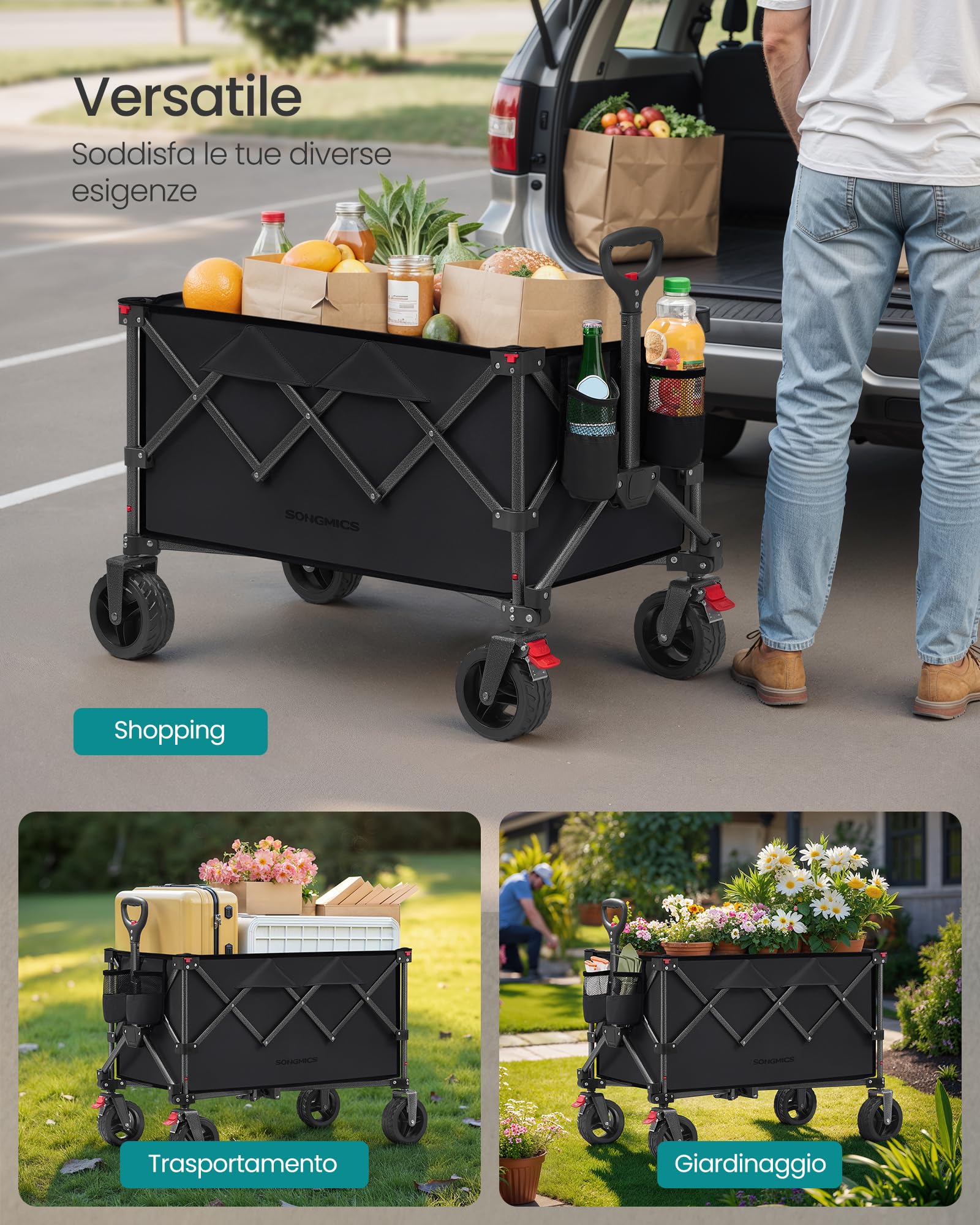 SONGMICS Carrello Spiaggia Pieghevole 150L, Carrellino da Trasporto 150 kg con Grandi Ruote Girevoli a 360°, 80,8 x 49,4 x 93,5 cm, per Campeggio e Spesa, Nero, Collezione Sandy GFW115B01
