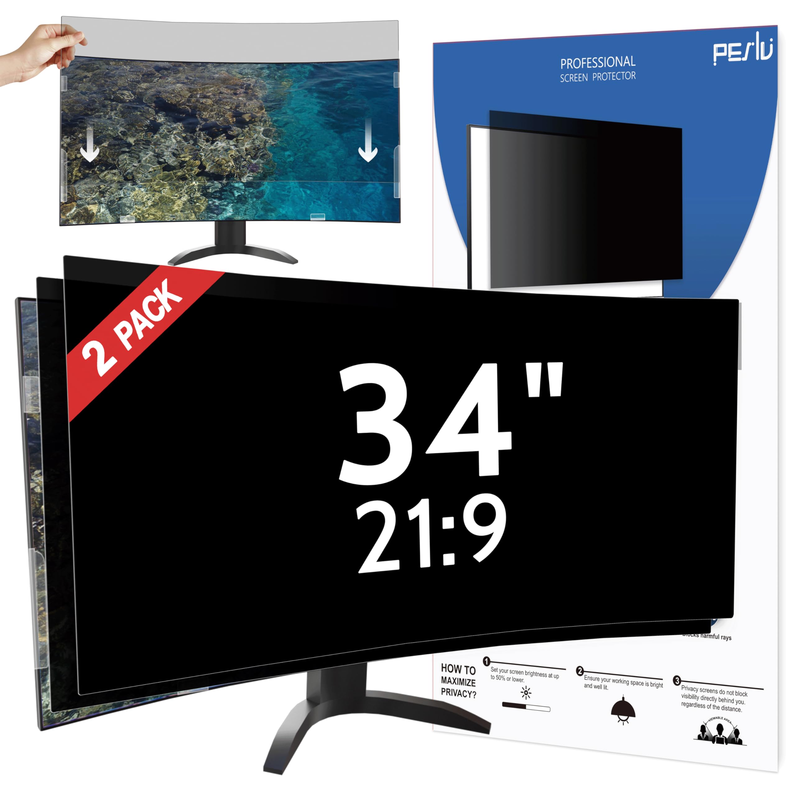[2 Pack] 34 Inch Privacy Screen for Computer Curved Monitor 21:9 Aspect Ratio, Eye Protection Anti Blue Light Glare Shield, 34inch Removable Black Blackout Anti Spy Desktop Security Private Filter