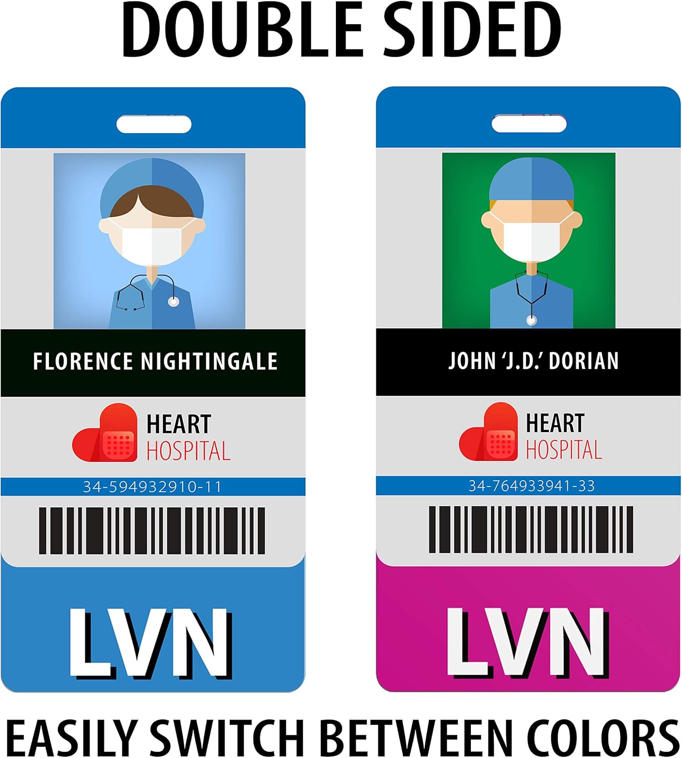 LVN Badge Buddy (20 Pack) - Pink/Blue with Medical Icons - Vertical Badge Id Card for Licensed Vocational Nurses - By BadgeZoo