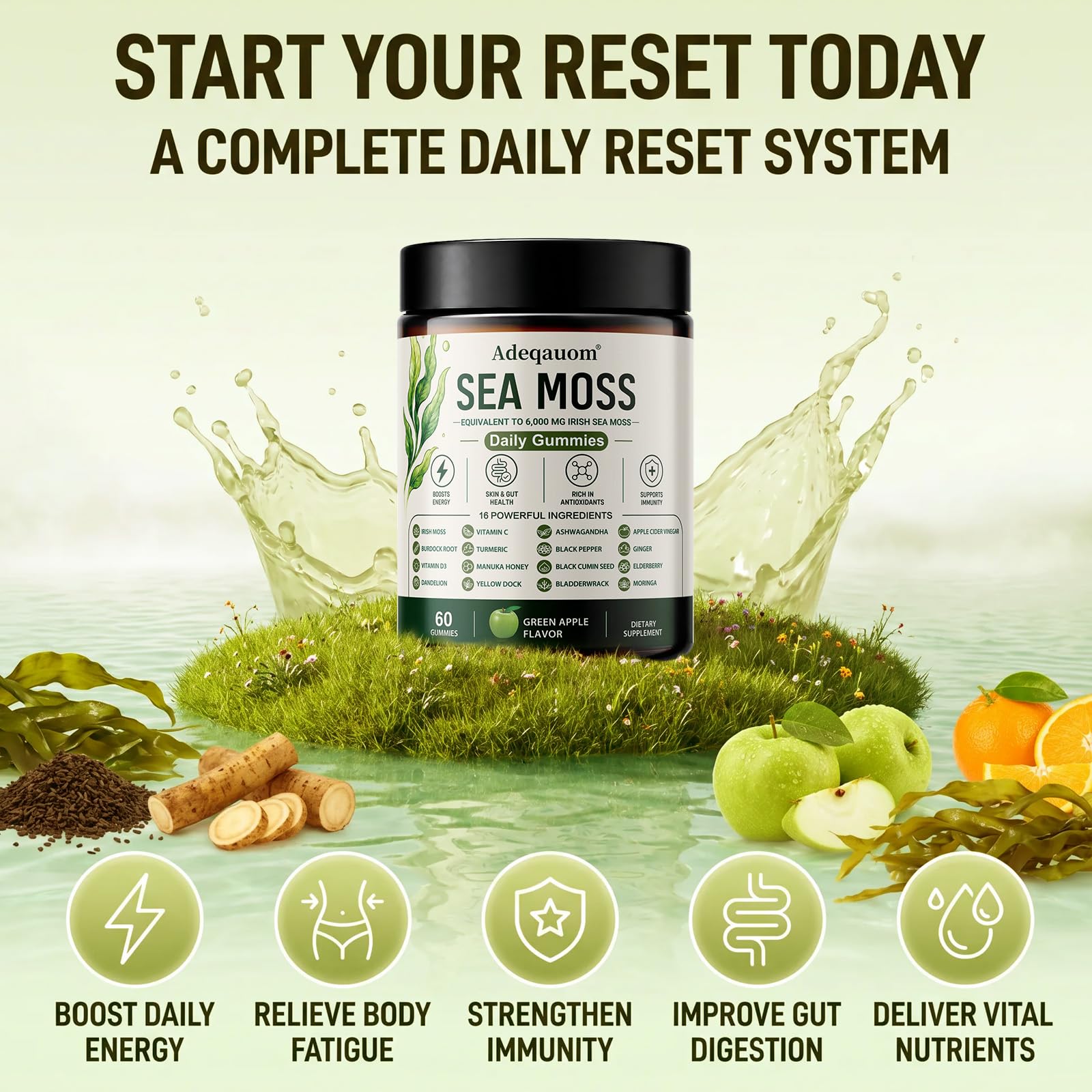Sea Moss Gummies 16-in-1 for Men & Women Immune, Digestion, Energy, Natural Black Seed Oil Ashwagandha Turmeric Bladderwrack Vitamin C D3 Elderberry Manuka Dandelion Yellow Dock Apple Cider Vinegar — Amazon image 6