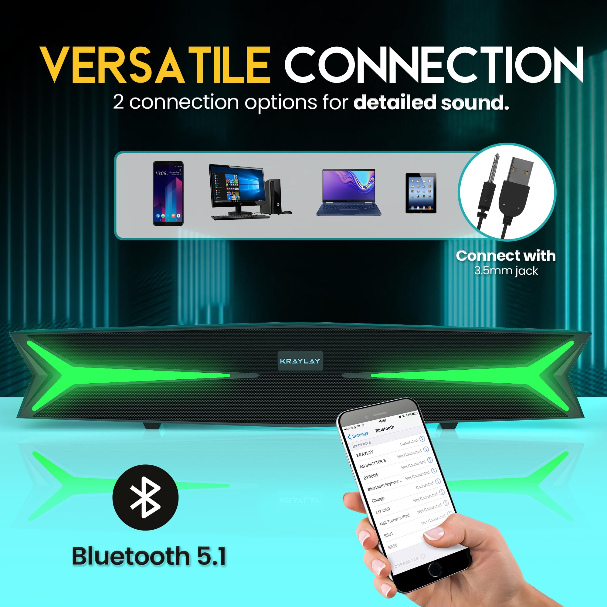 Soundbar desktop per computer da 15,5 pollici, soundbar Bluetooth con luci LED RGB, bassi trasparenti, AUX, USB, USB-C, soundbar per proiettori, TV, smartphone, console di gioco e laptop