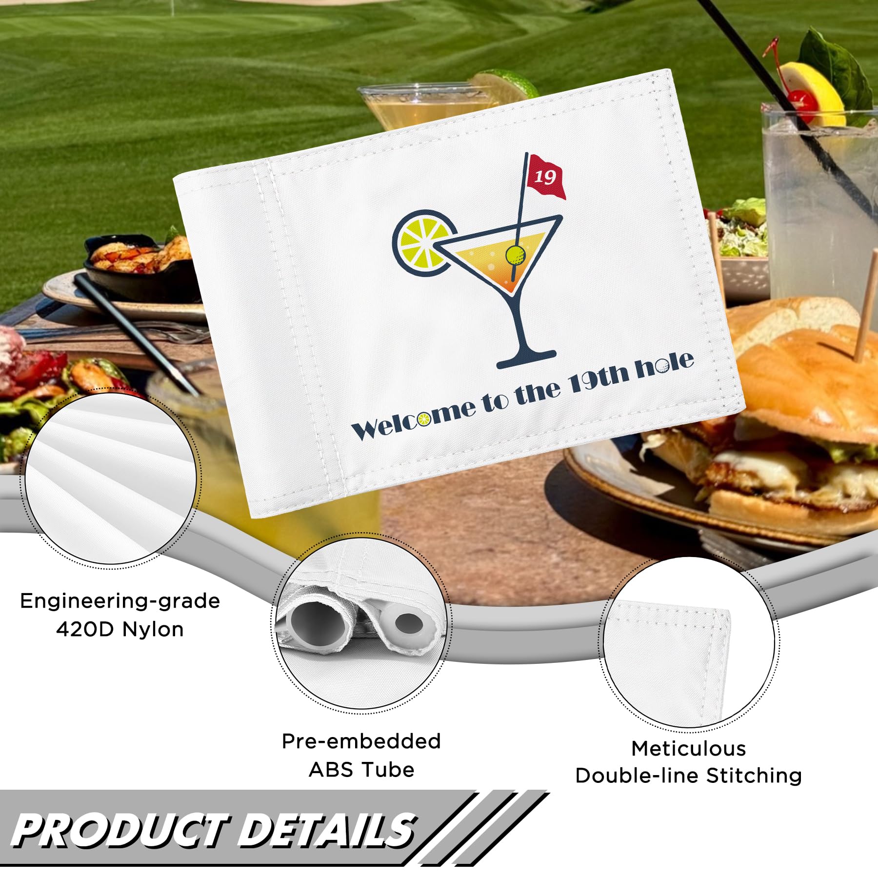 KINGTOP 19th Hole Golf Flag for Backyard Practice Putting Green, PGA Junior Standards, Double Sides 420D Nylon with Tube Insert, 6x8 Inch, 19th Hole Welcome Flag