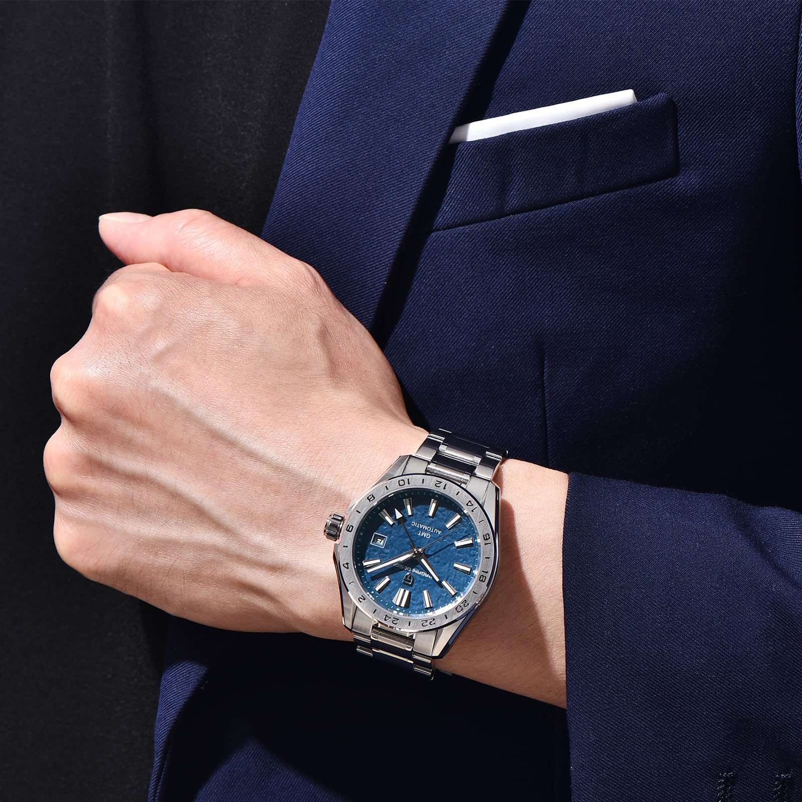 SUZAKU Pagani Design1792 Herren-Business-Armbanduhr, automatisch, Edelstahl, GMT, Saphirglas, 100 m wasserdicht, Kalender